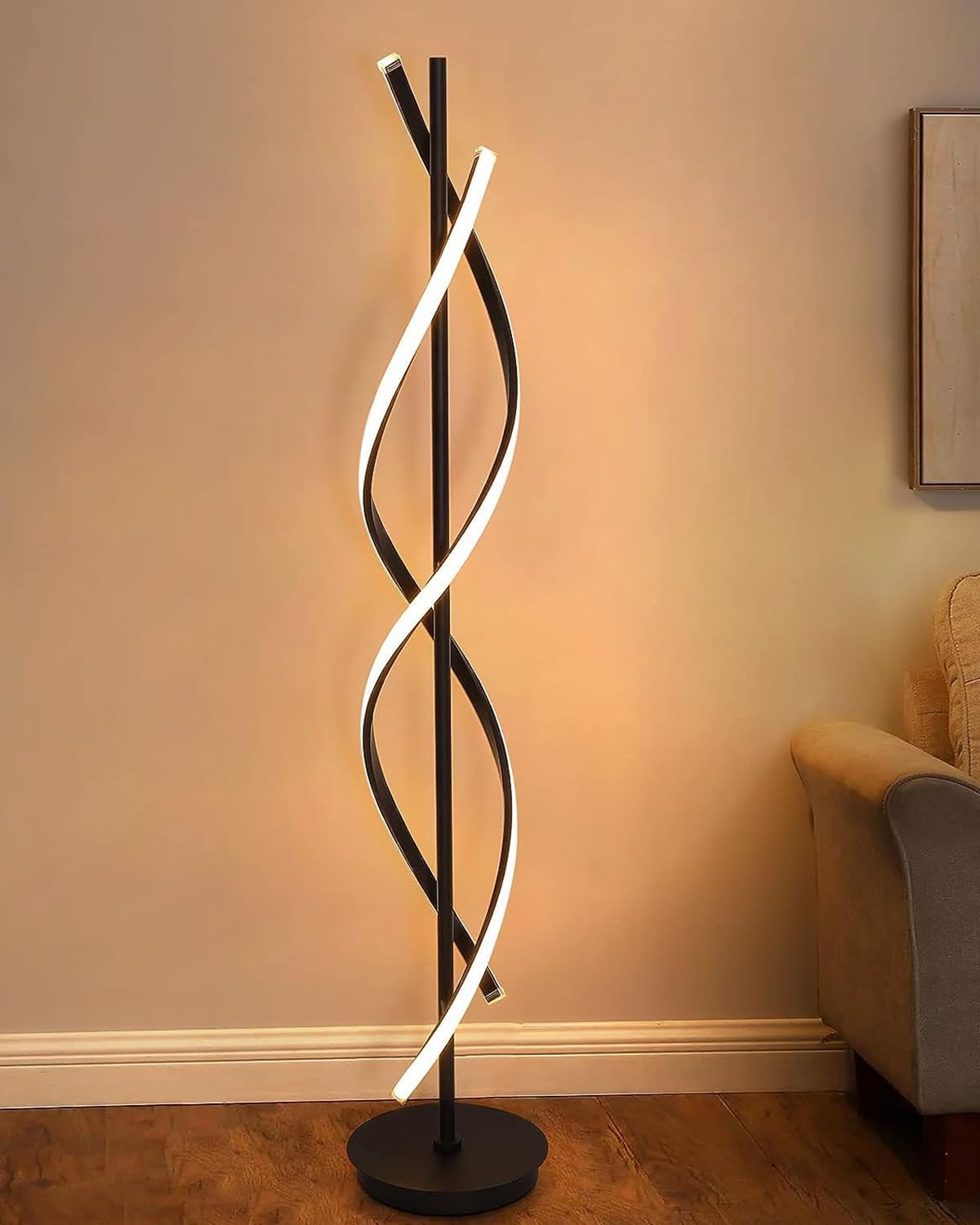 Modern Floor Lamps for Living Room Bright Lighting LED 33w 53in with Remote 3 Colors Dimmable Unique Office Corner Lamp Black Arc Spiral Floor Lamp