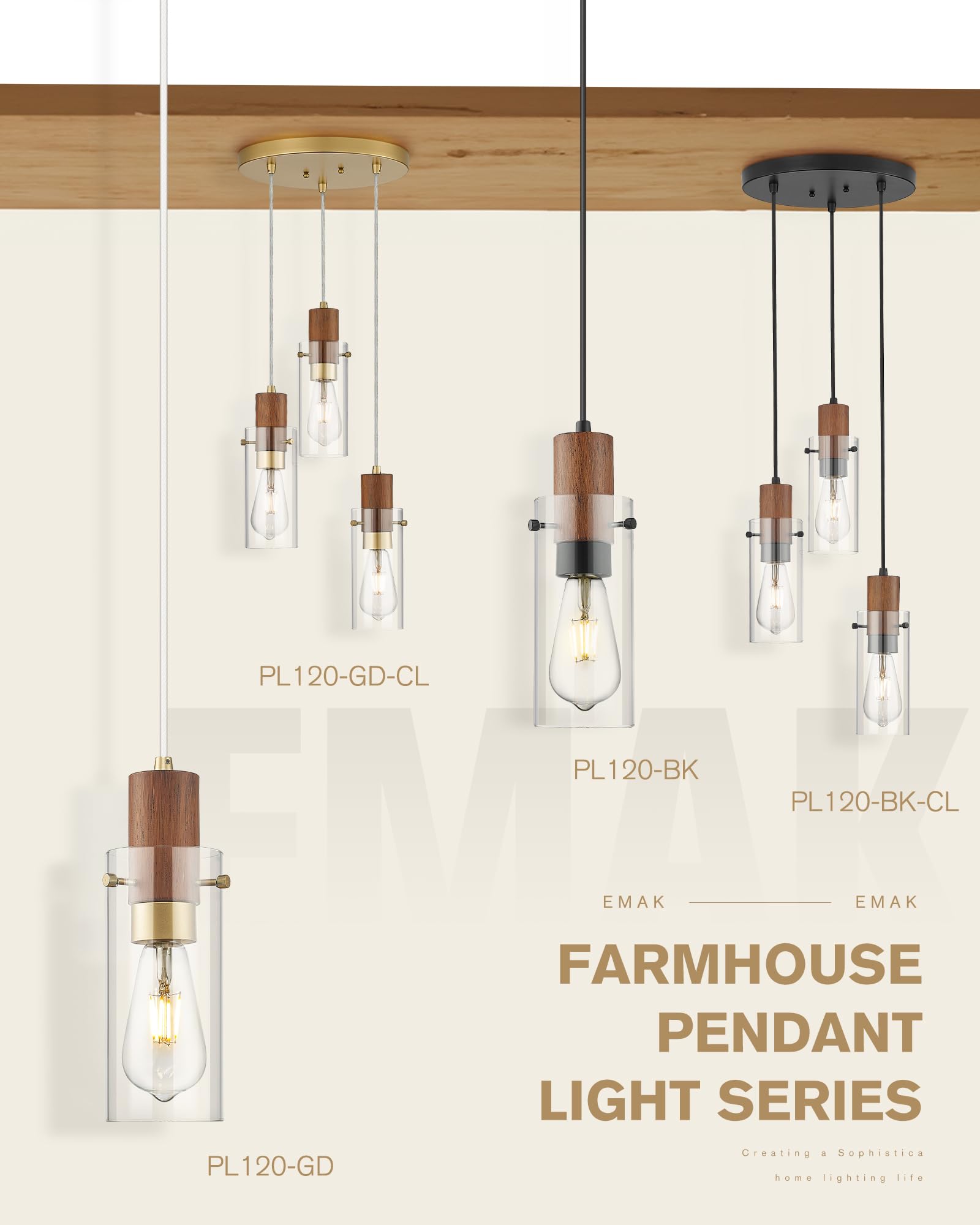 Emak Gold Pendant Light Fixtures, 3-Light Pendant Lights with Clear Glass Shade, Modern Farmhouse Hanging Lights for Kitchen Island, Dining Room, Bathroom, Bedroom, PL120-GD-CL