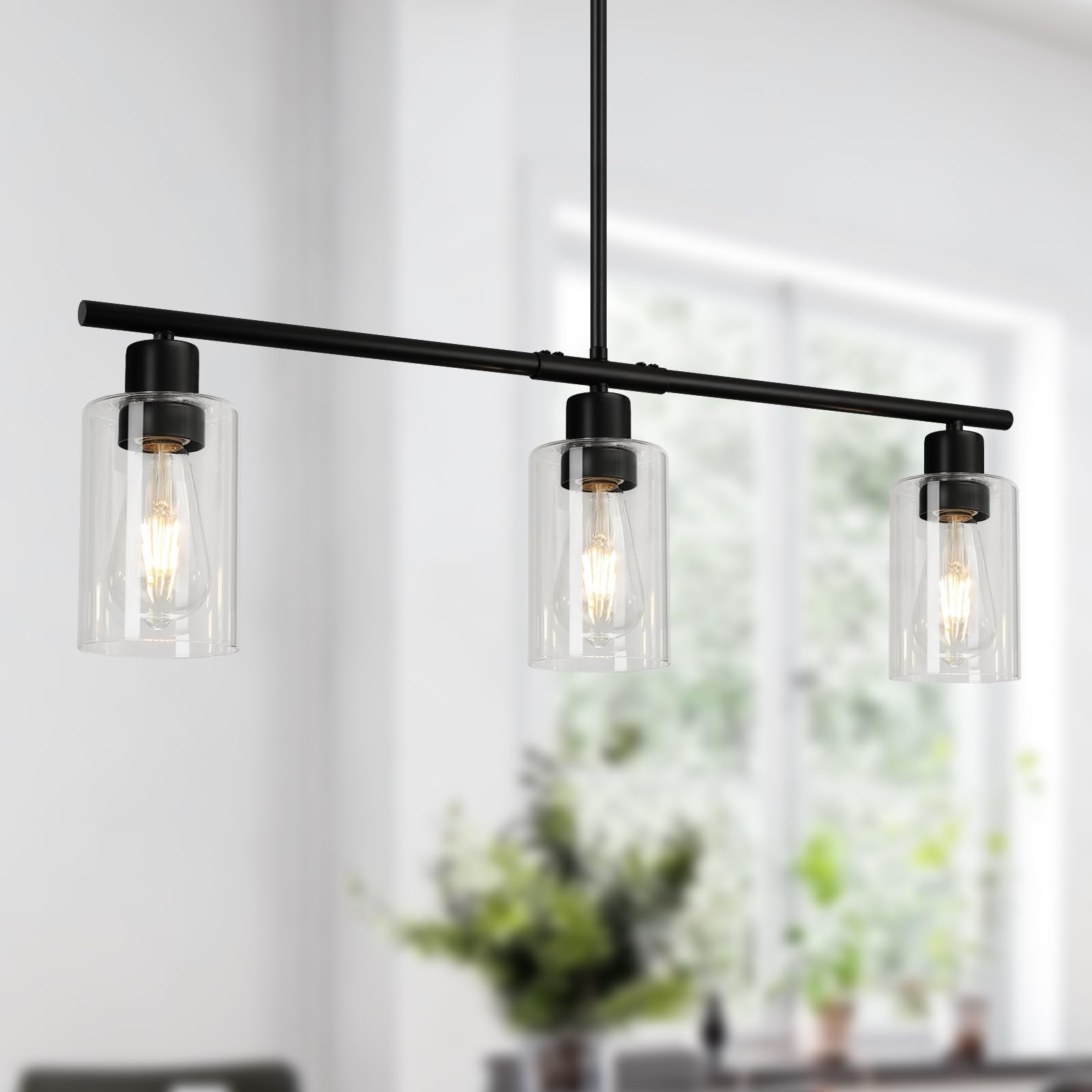 3 Lights Kitchen Island Lighting, Black Pendant Light Fixtures with Glass Shade Dining Room Light Fixture Adjustable Farmhouse Chandelier Modern Pendant Lights Ceiling Hanging Lighting E26 Base