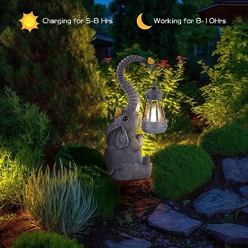 Solar Outdoor Garden Statues Lights, Elephant Figurines with Cute Birds Garden Sculpture Decor, Lucky Elephant Mother Gifts for Women, Men or Daughter, Unique Housewarming Gifts and Yard Decoration