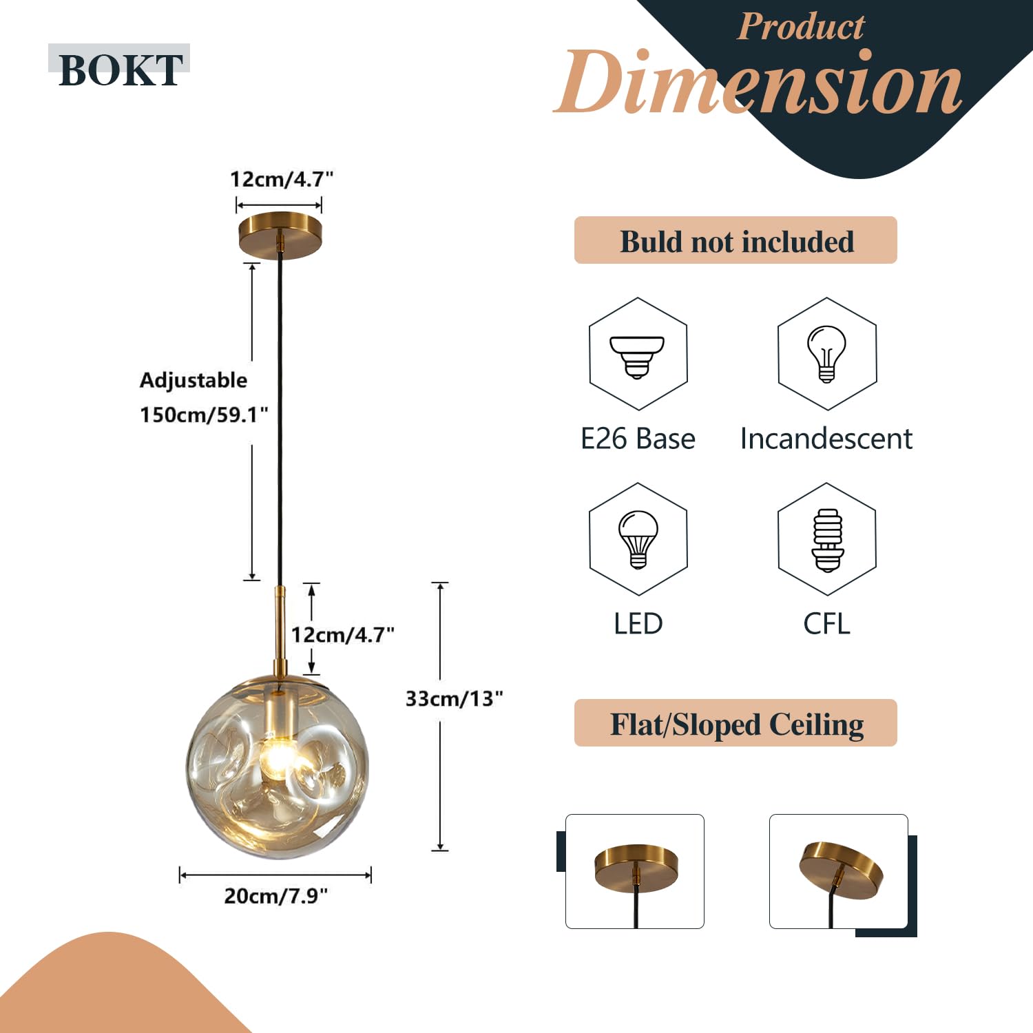 BOKT Modern Gold Kitchen Island Pendant Light Mid Century 3-Lights Globe Pendant Light Fixture Cluster Multi Light Pendant Lighting Bedside Glass Ball Pendant Lamp