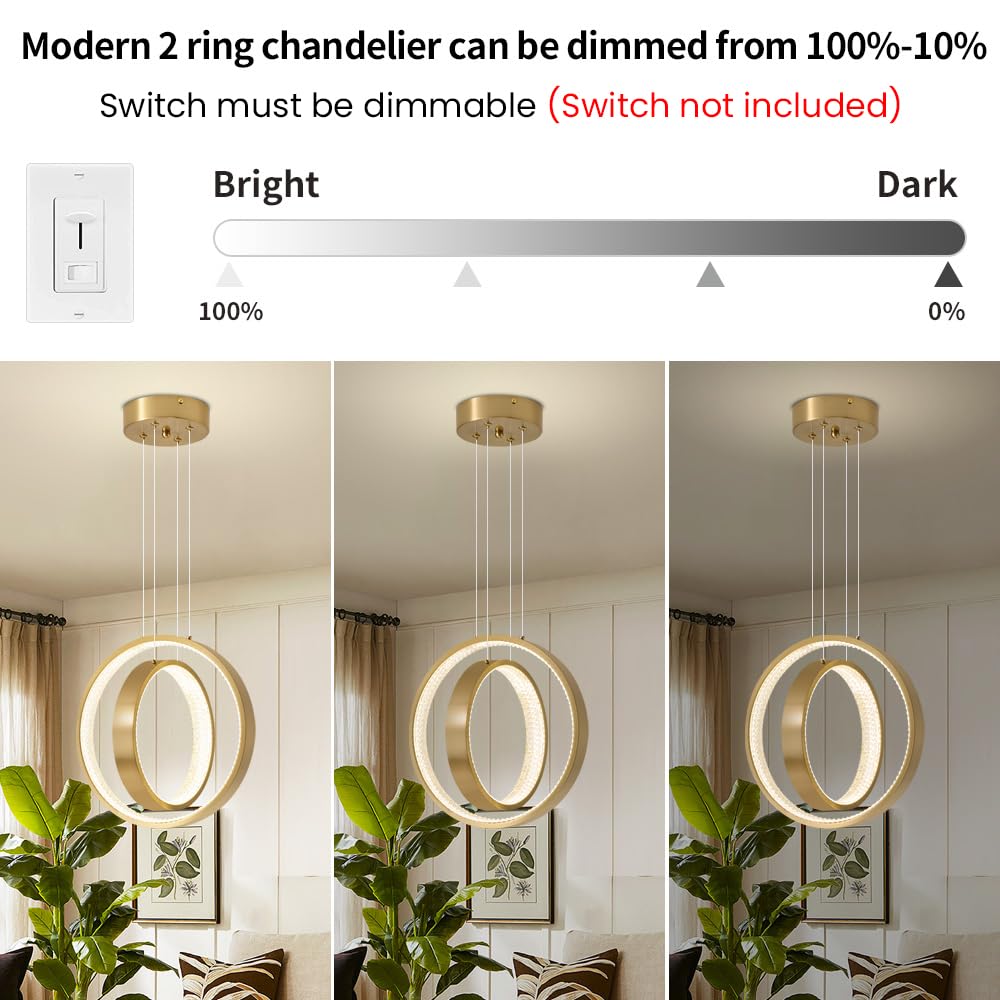 Modern LED Chandelier Dimmable 2 Ring Gold Pendant Light Acrylic 34W 4000K Height-Adjustable Modern Chandelier for Dining Room Living Room Bedroom Kitchen Island Foyer Stairway