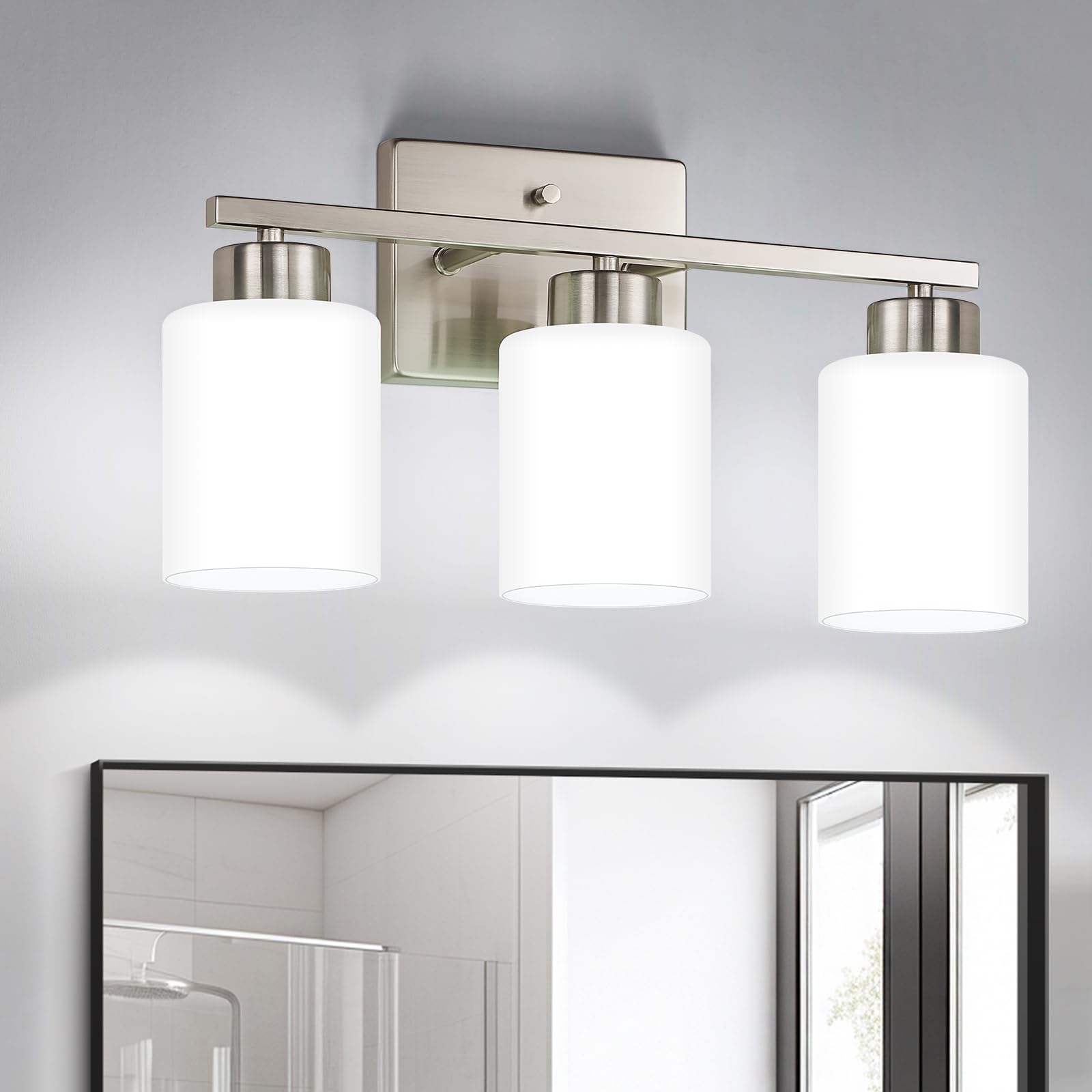 Brushed Nickel Bathroom Light Fixtures, 3-Light Modern Vanity Light Over Mirror, Wall Sconces with Milky White Frosted Glass Shades, E26 Socket (Bulbs Not Included)