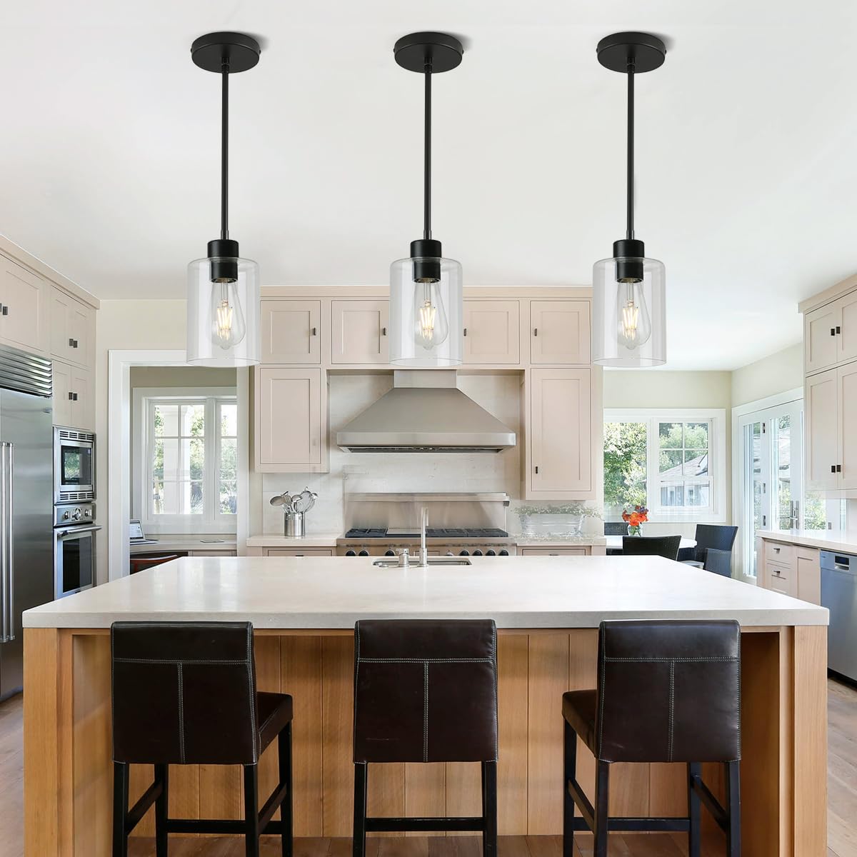 3 Lights Pendant Lighting for Kitchen Island,3 Tier Linear Pendant Chandeliers with 1 Base,Modern Farmhouse Island Light with Clear Glass,Adjustable (Black Island 3 Tier Stem Rod)