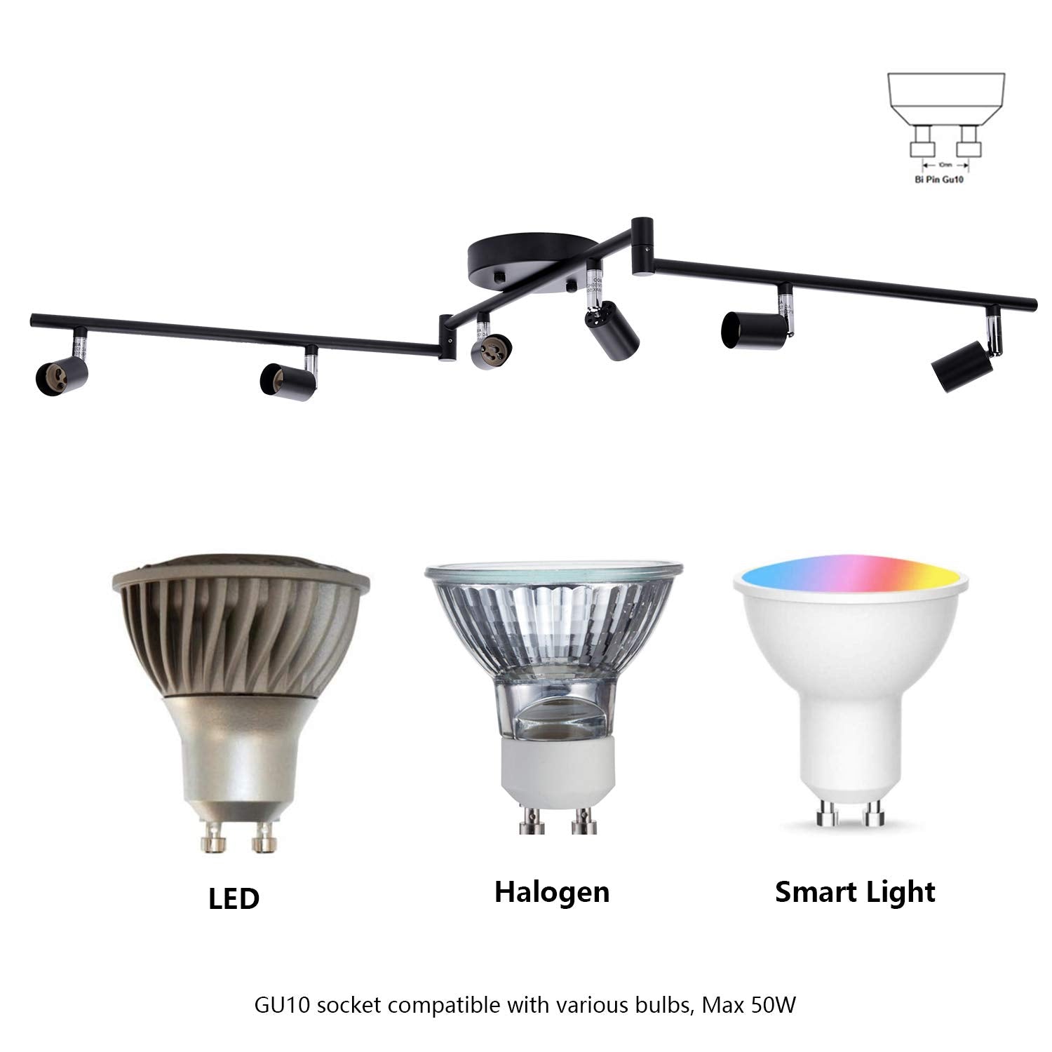 6-Light Adjustable Dimmable Track Lighting Kit, Flexible Foldable Arms, Matt Black Color Perfect for Kitchen,Hallyway Bed Room Lighting Fixture, GU10 Base Bulbs not Included