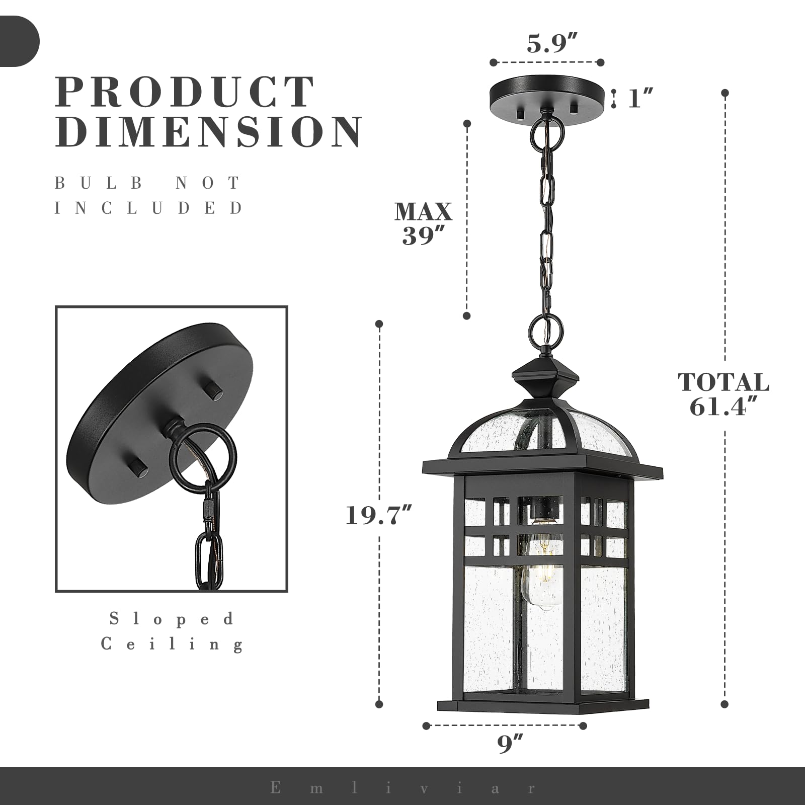 20 Inch Outdoor Pendant Light for Porch, Outdoor Chandelier for Porch, Die-Cast Aluminum with Seeded Glass, Black Finish, DE281H-M BK