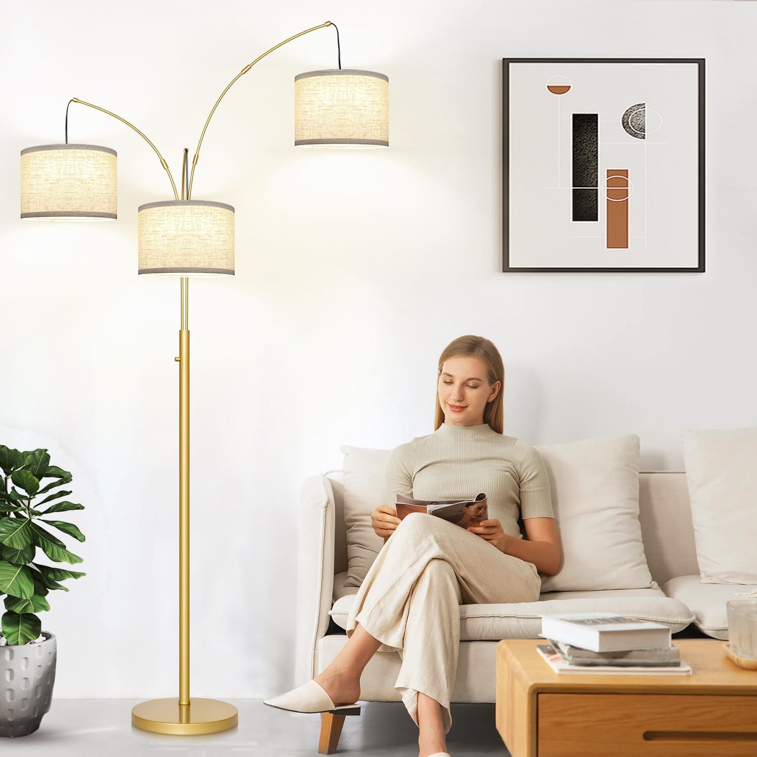 Dimmable Floor Lamp - 3 Lights Arc Floor Lamps for Living Room, 1000LM Modern Tall Standing Lamp with Beige Shades & Heavy Base, Mid Century Tree Floor Lamp for Bedroom Office, 3 LED Bulbs Included