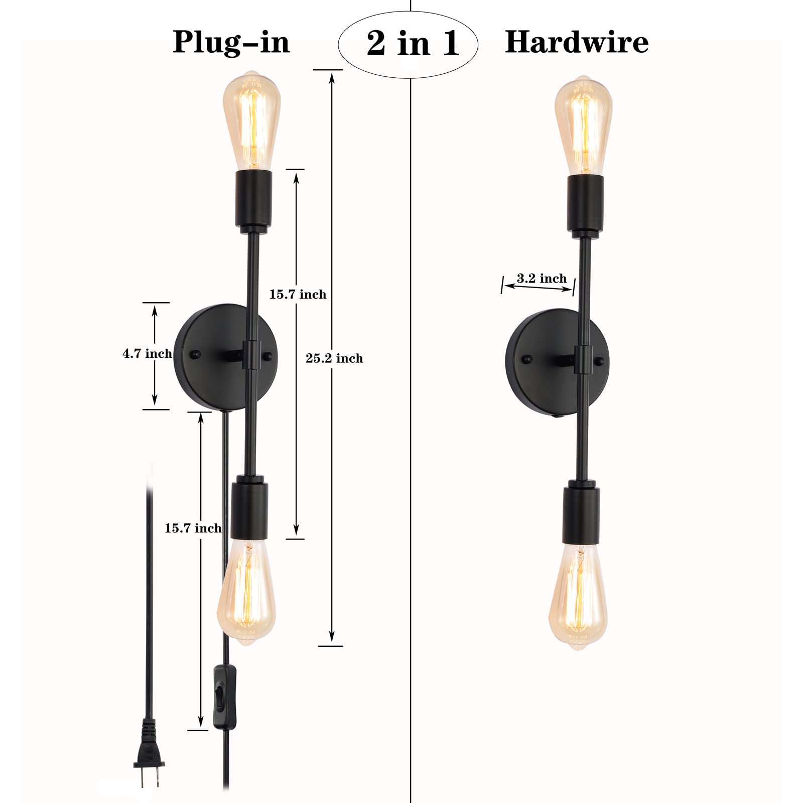 2-Light Black Bathroom Vanity Light Fixtures，Modern Industrial Wall Light Fixtures with On/Off Switch Cord, Plug in Wall Sconce Set of Two for Living Room Bathroom Farmhouse Dining Room