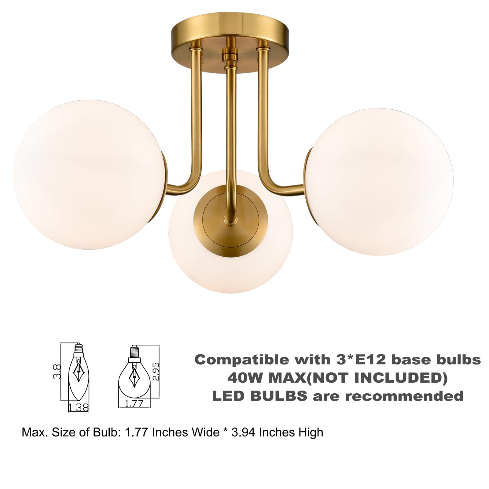 Modern Brass Gold 3-Light Ceiling Light with Globe White Glass Shade Semi Flush Mount Ceiling Light for Living Room Hallway Sputnik Chandelier Lighting Fixture