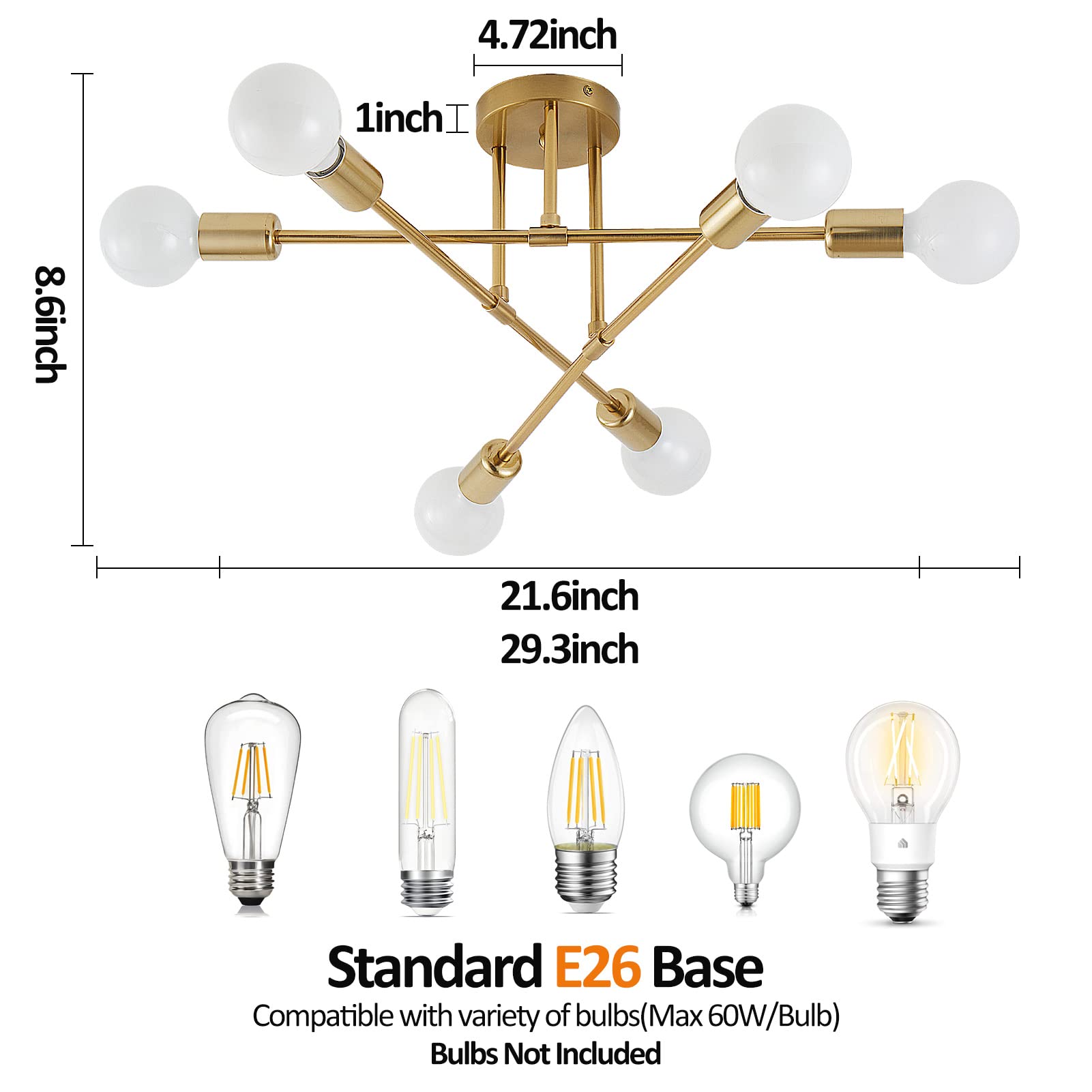 Semi Flush Mount Ceiling Light Fixture, 6 Lights Modern Sputnik Chandelier Ceiling Lamp with E26 Bulb Base, Light Fixtures Ceiling Mount for Bedroom Kitchen Living Room Hallway (Gold)