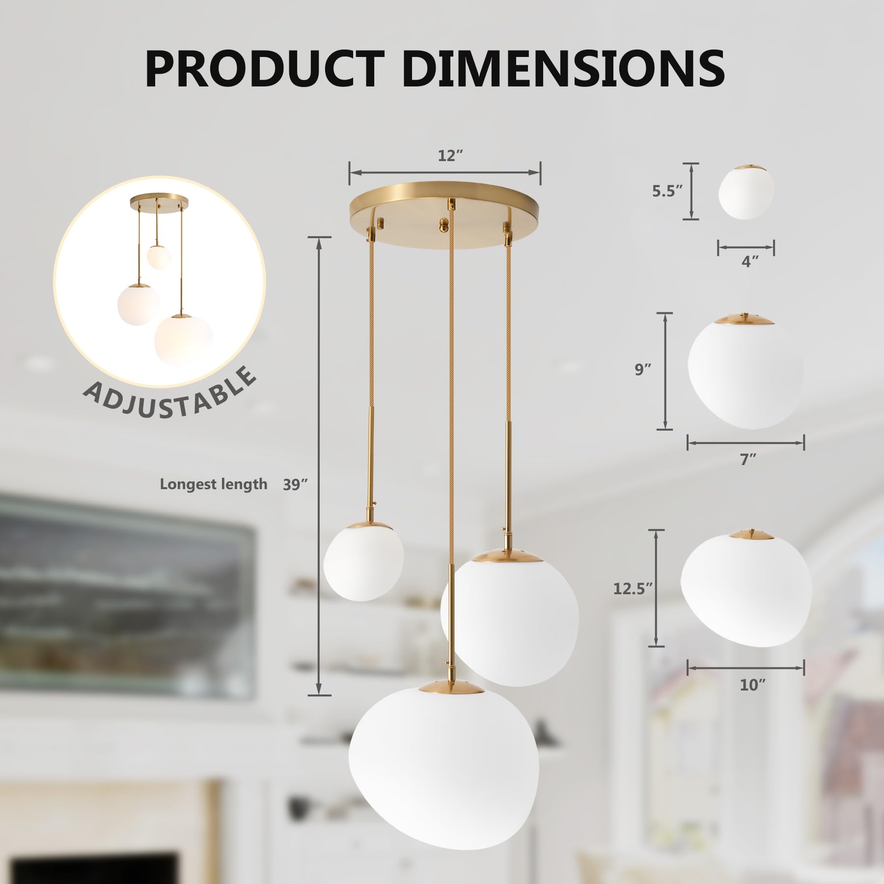 Modern 3 Lights Glass Pendant Light Smoky Gray Glass Globe Cluster Chandelier Lighting Fixtures Black Adjustable Kitchen Island Hanging Pendant Lighting Nordic Multi Lights Pendant Lamp