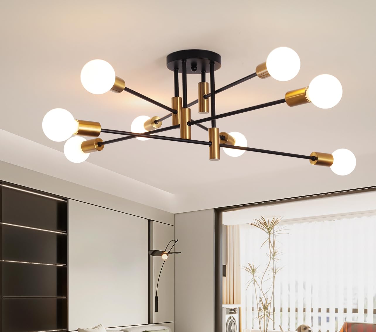 10 Lights Modern Sputnik Ceiling Chandelier Gold Industrial Ceiling Lamp Mid Century Semi Flush Mount Ceiling Light Fixture for Kitchen Dining Room Living Room Bedroom Foyer Lighting