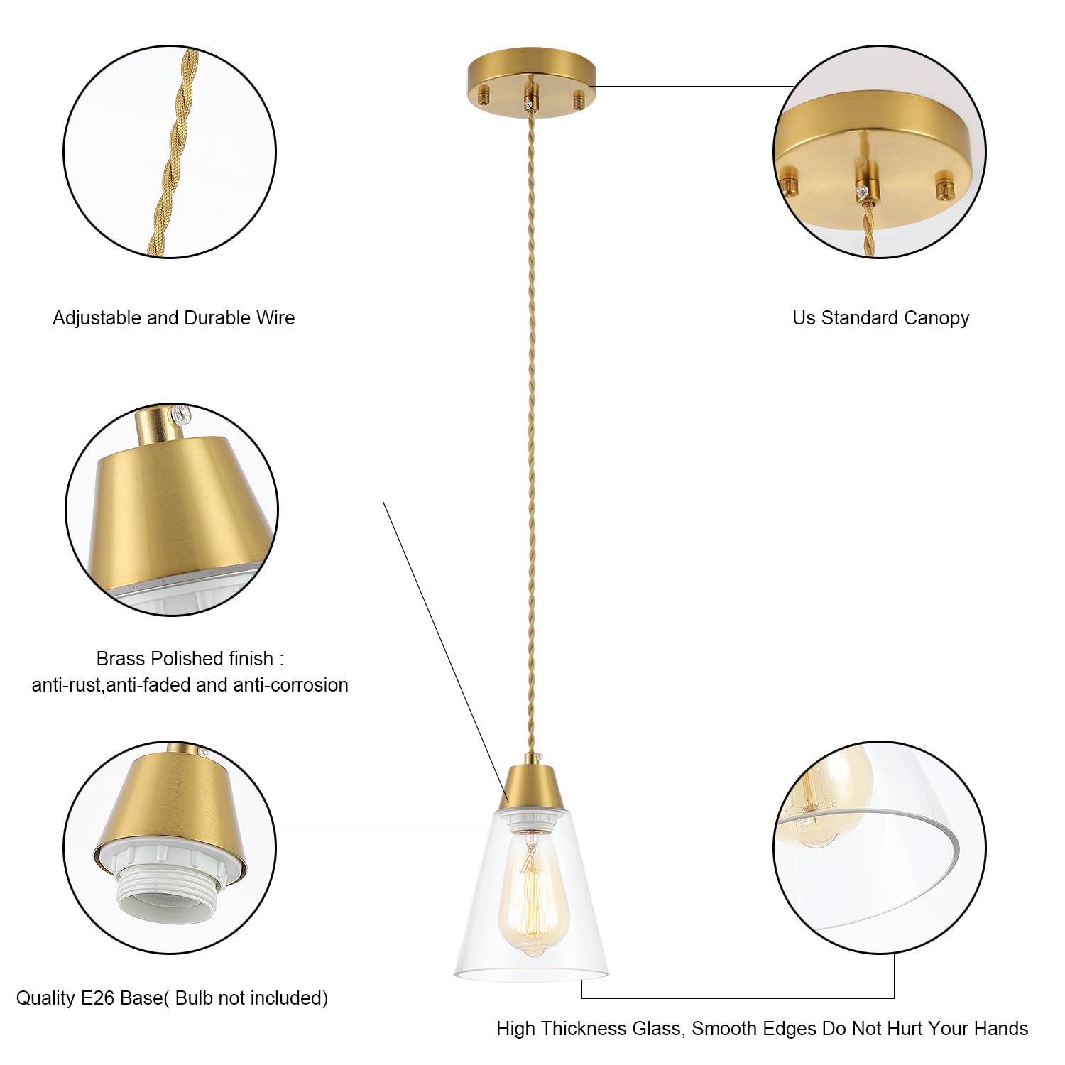 Gold Pendant Light 3 Pack,Brass Pendant Lights Kitchen Island, Dining Room Lamp Fixtures Over Table with Clear Glass Shade, Modern Mini Chandeliers,Adjustable Cord Hanging Lighting for Sink