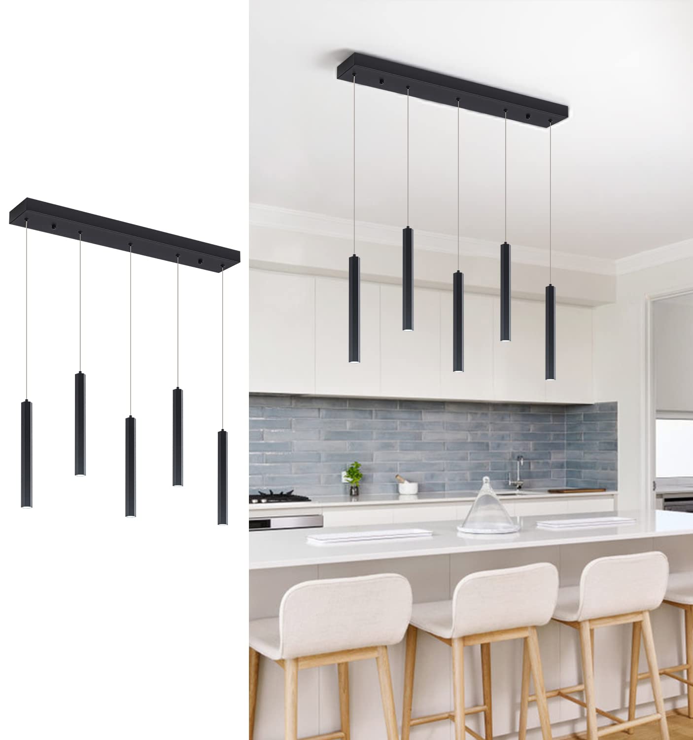 Modern Pendant Lighting 5-Light Linear Chandeliers Dimmable LED Pendant Lights Kitchen Island Lighting with Matte Black Finish and Acrylic Shades for Kitchen Island and Dining Room…