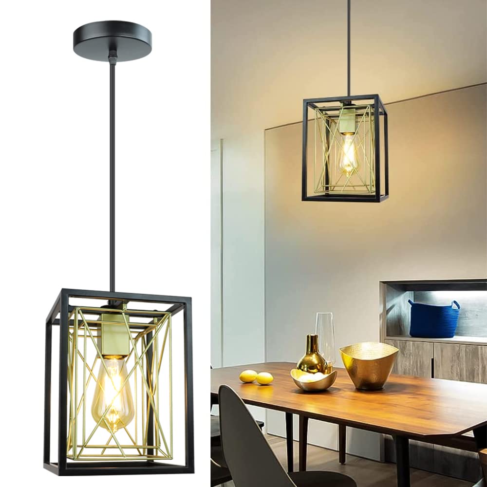 1 Light Black Lantern Pendant Light Fixture, Rustic Hallway Chandelier Lighting with Adjustable Cord, Rectangle Metal Cage Hanging Lights for Foyer/Kitchen Island/Bar/Entryway, 1XE26 Base