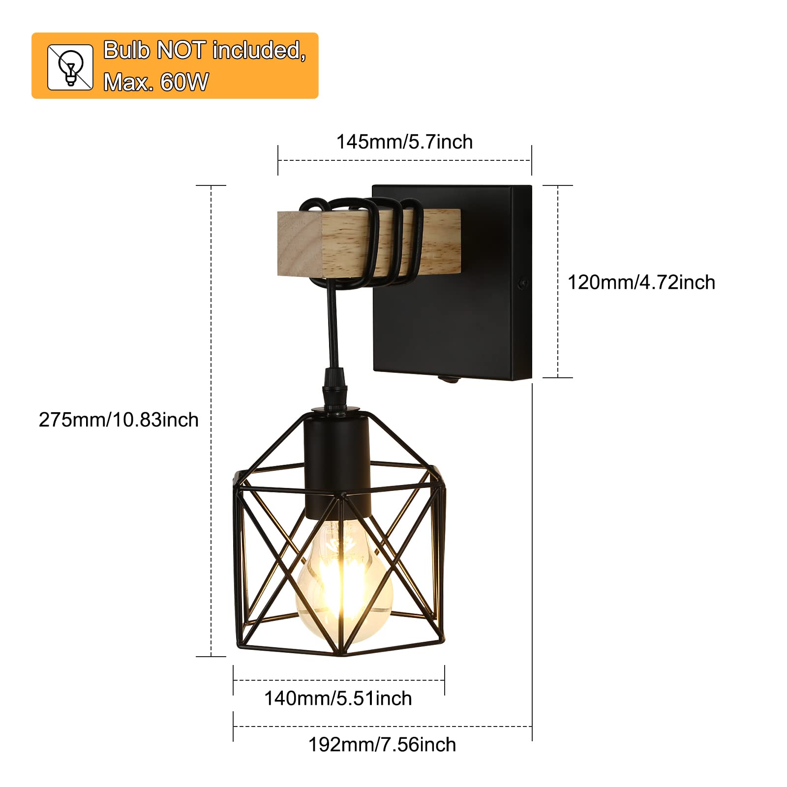 Black Wall Sconce with ON/Off Switch Pack of 2, Dimmable Cage Wall Mount Light Fixture Industrial Farmhouse Lighting, LG9939389