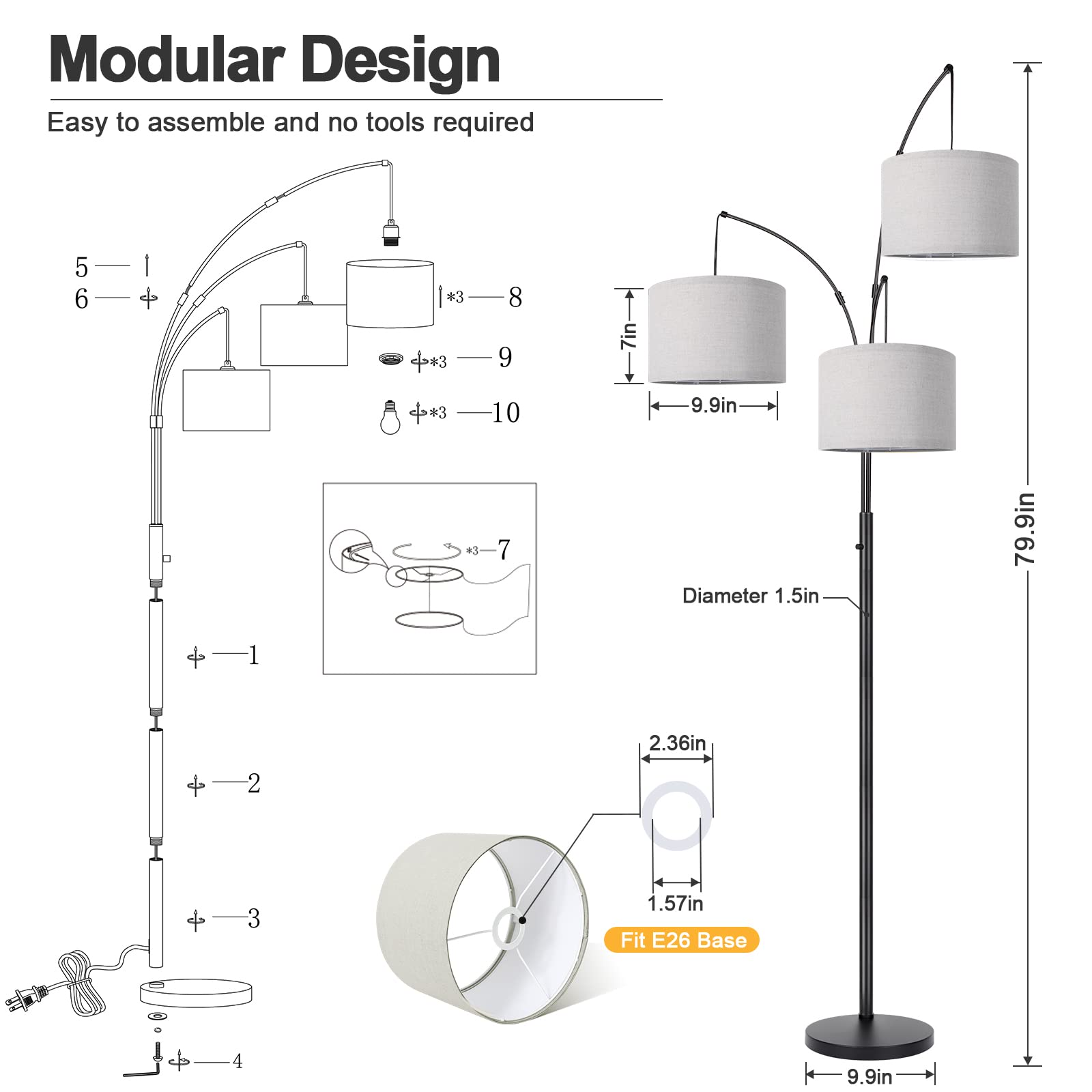 Dimmable Floor Lamp - 3 Lights Arc Floor Lamps for Living Room, 1000LM Modern Tall Standing Lamp with Beige Shades & Heavy Base, Mid Century Tree Floor Lamp for Bedroom Office, 3 LED Bulbs Included