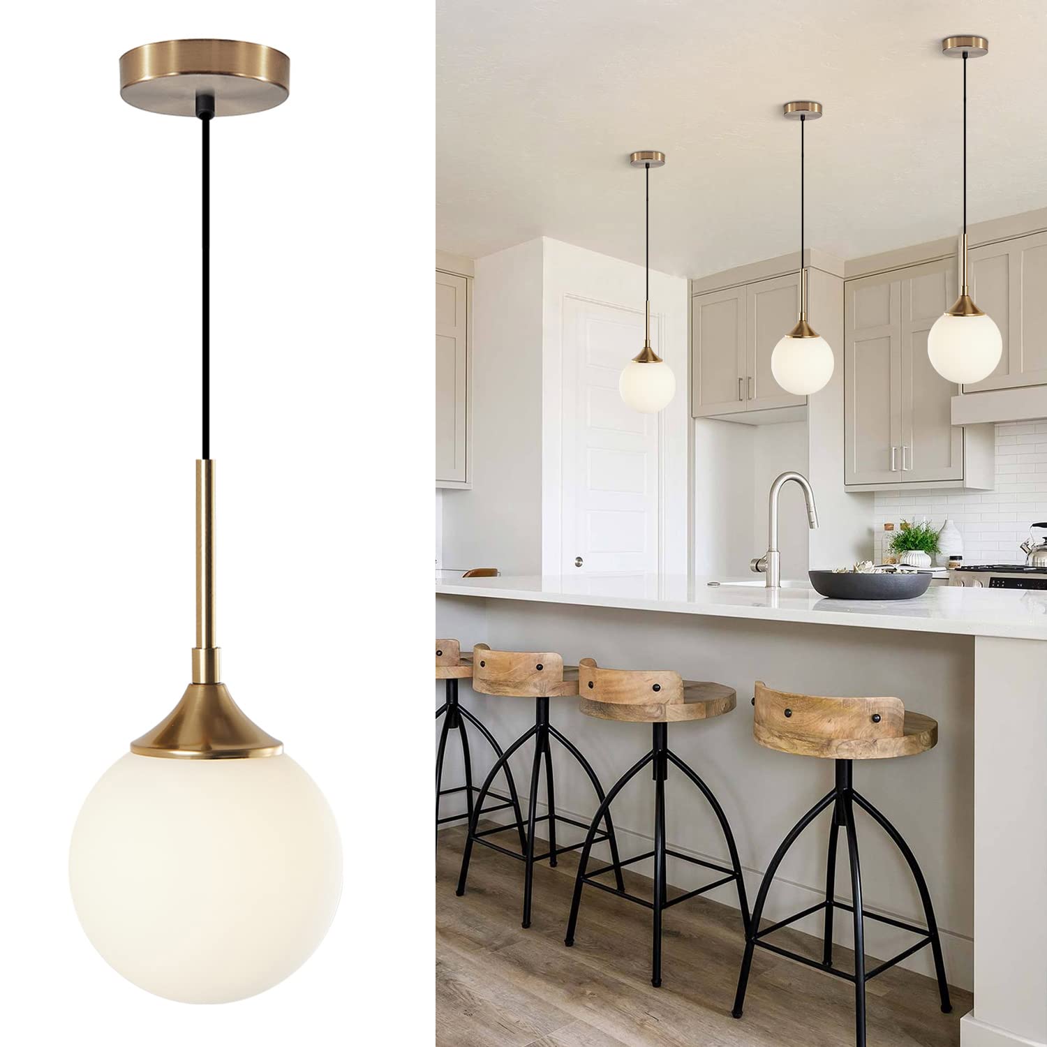 Lighting Mid Century Modern Pendant Chandelier 1-Light Gold Glass Globe Pendant Light Brushed Brass Pendant Light Large Kitchen Pendant Lighting Over Island (Amber)