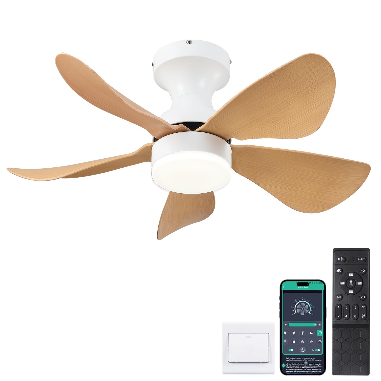 Ceiling Fans with Lights and Remote/APP Control, 30 inch Low Profile Ceiling Fans with 5 Reversible Blades 3 Colors Dimmable 6 Speeds Ceiling Fan for Bedroom Kitchen Dining Room, White