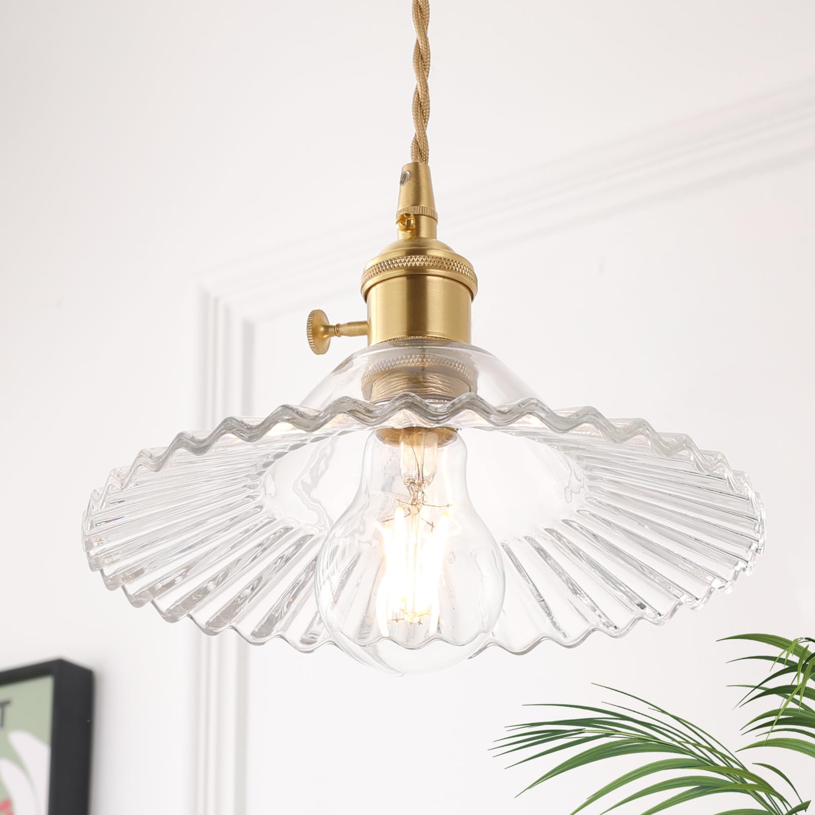 Pendant Light with White Pleated Ceramic Lmapshade, Brass Vintage Pendant Light Adjustable Hanging Light for Kitchen Island Dining Room Hallway 7.87 Inch Diam