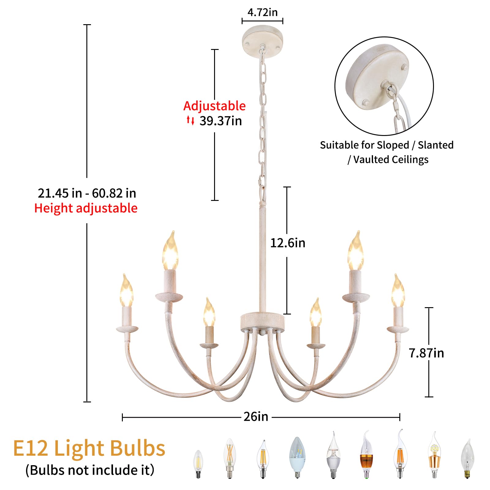 Chandelier, 6-Light Antique White Farmhouse Chandelier for Dining Room Lighting Fixtures Hanging, Candle Hanging Pendant Lights for Kitchen Living Room Bedroom Foyer