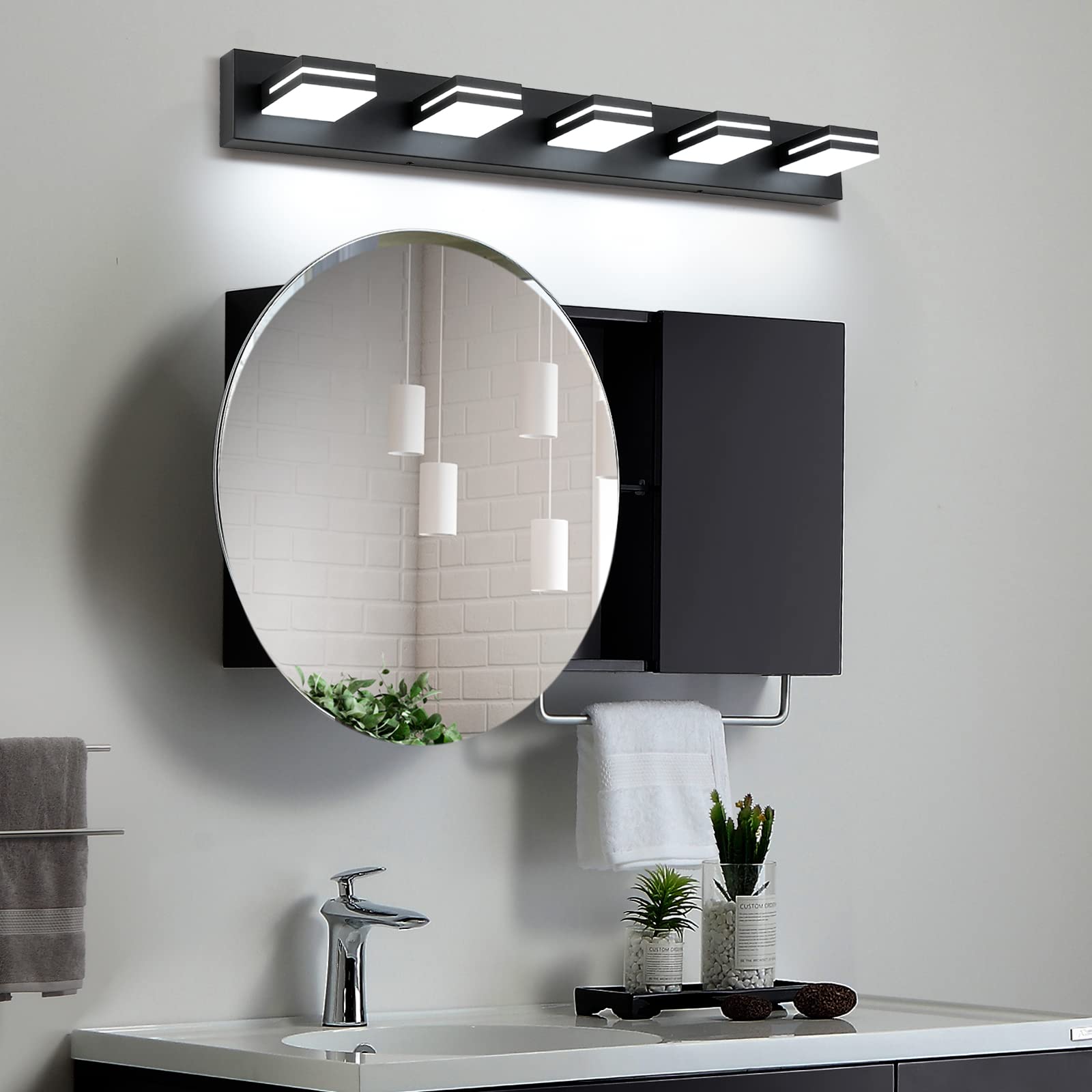 LED Modern Bathroom Vanity Light Fixtures (3-Light, 24-Inch), Matte Black Modern Acrylic Bathroom Wall Lighting Fixtures Over Mirror (Cool White 6000K)