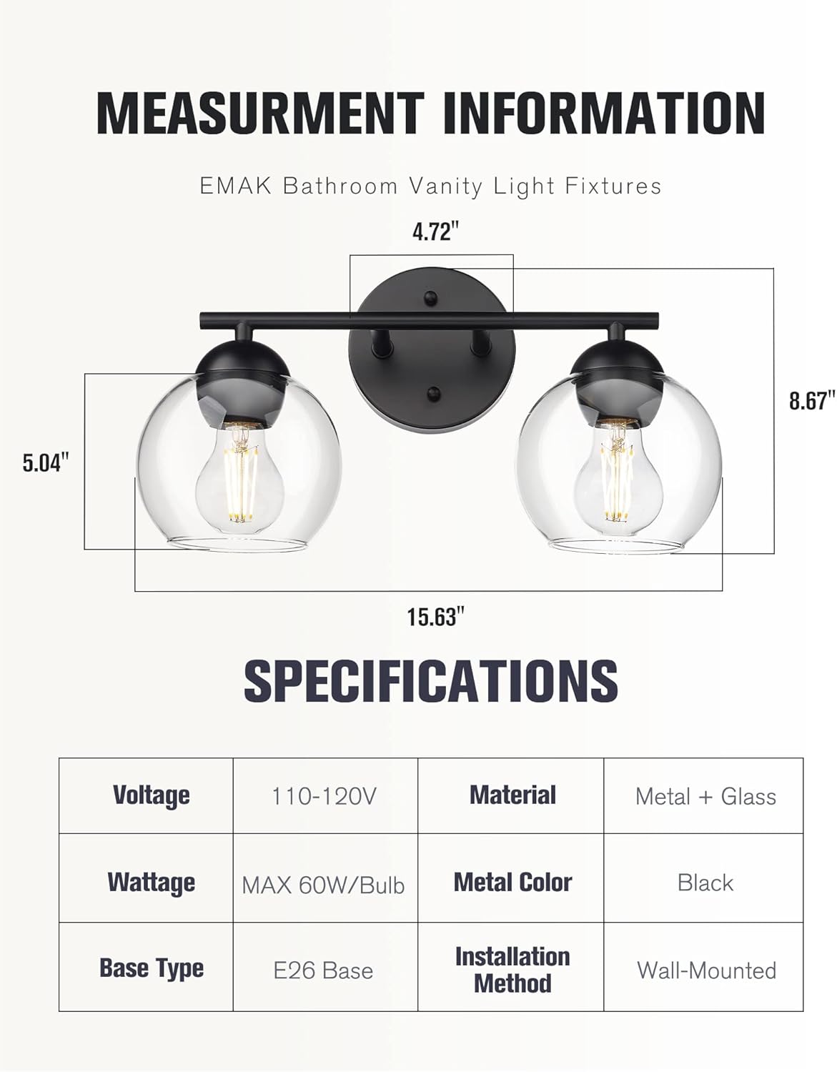 Black Vanity Lights for Mirror, Modern Farmhouse 2-Light Bathroom Light Fixtures Globe Bathroom Vanity Light with Milk Glass Shade, VL114-BK-ML-2