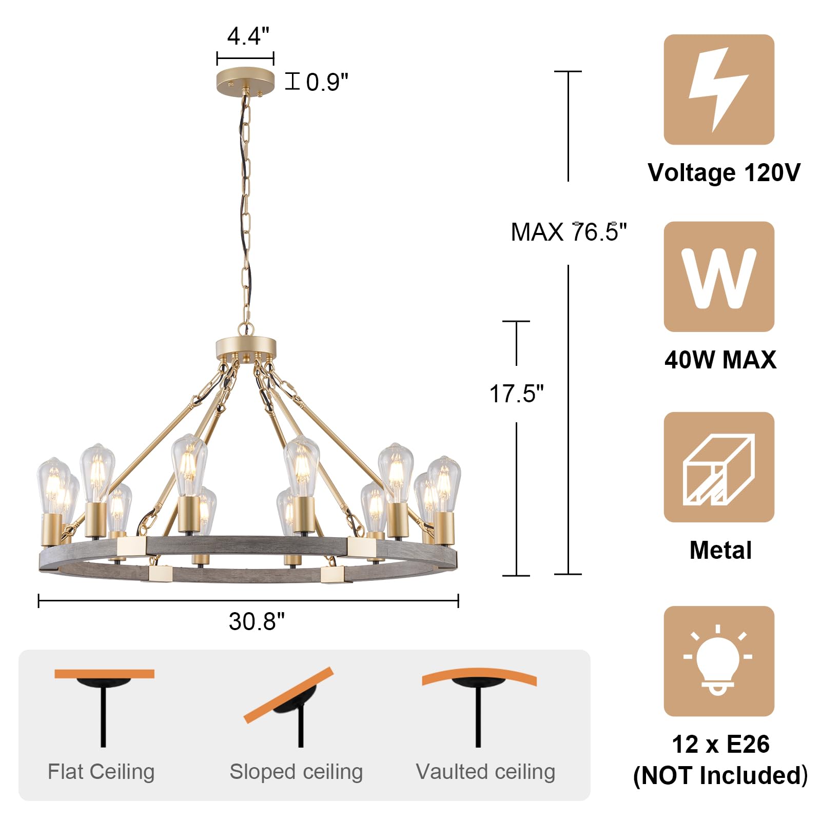 12-Light Wood Wagon Wheel Chandelier Brown Rustic Hanging Ceiling Lighting Chandeliers Industrial for Living Dining Room Bedroom Hallway Entryway Foyer High Ceiling Restaurant, E26