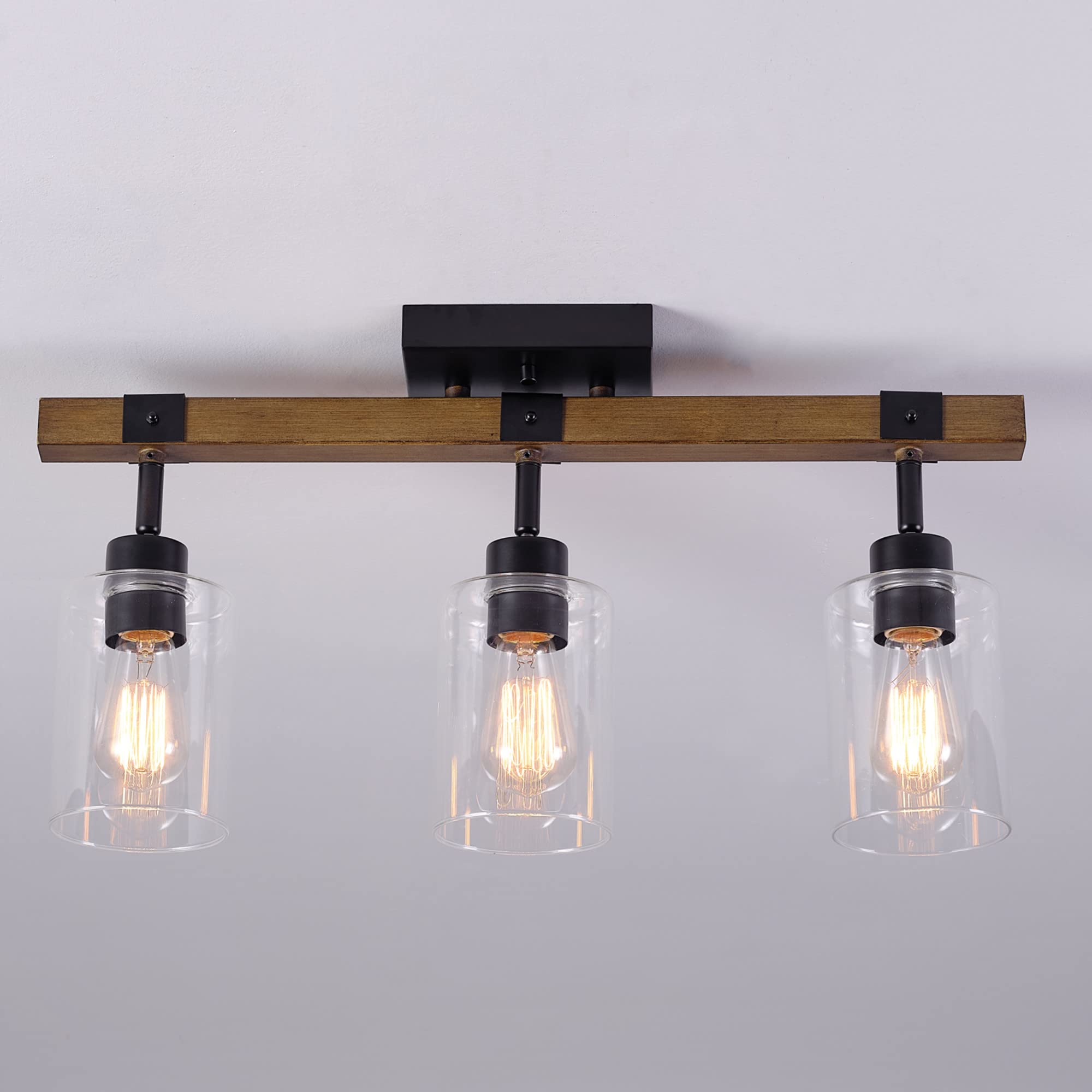 3-Light Track Lighting, Wood Toned, Matte Black Accents, Clear Glass Shades, Kitchen, Bathroom, Home Essentials, Ceiling Light, Dorm, Dining Room, Hallway