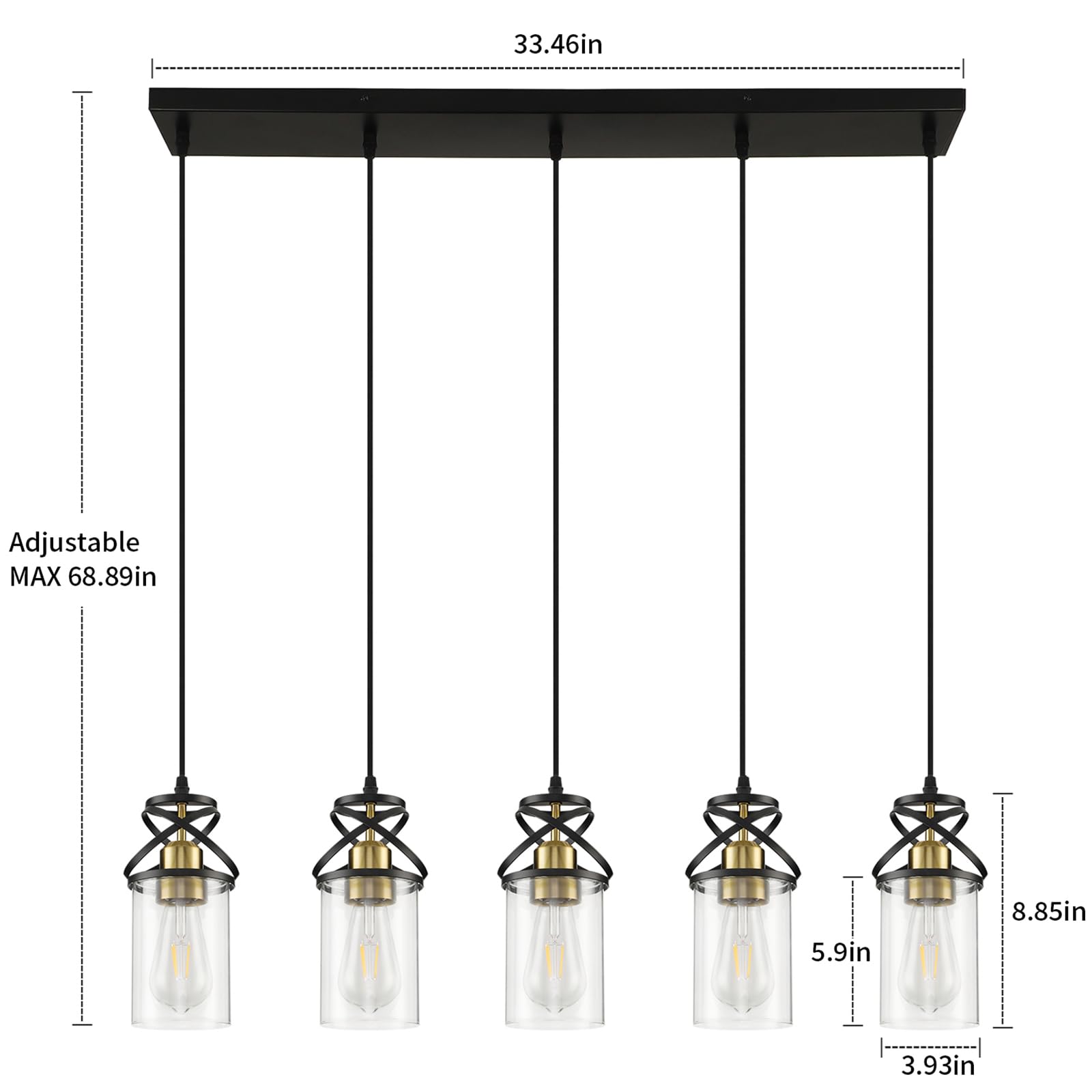 Modern Pendant Light Fixture Farmhouse Hanging Light with Clear Glass Shade, Industrial Black and Gold Pendant Lighting for Kitchen Island Dining Room Bedroom