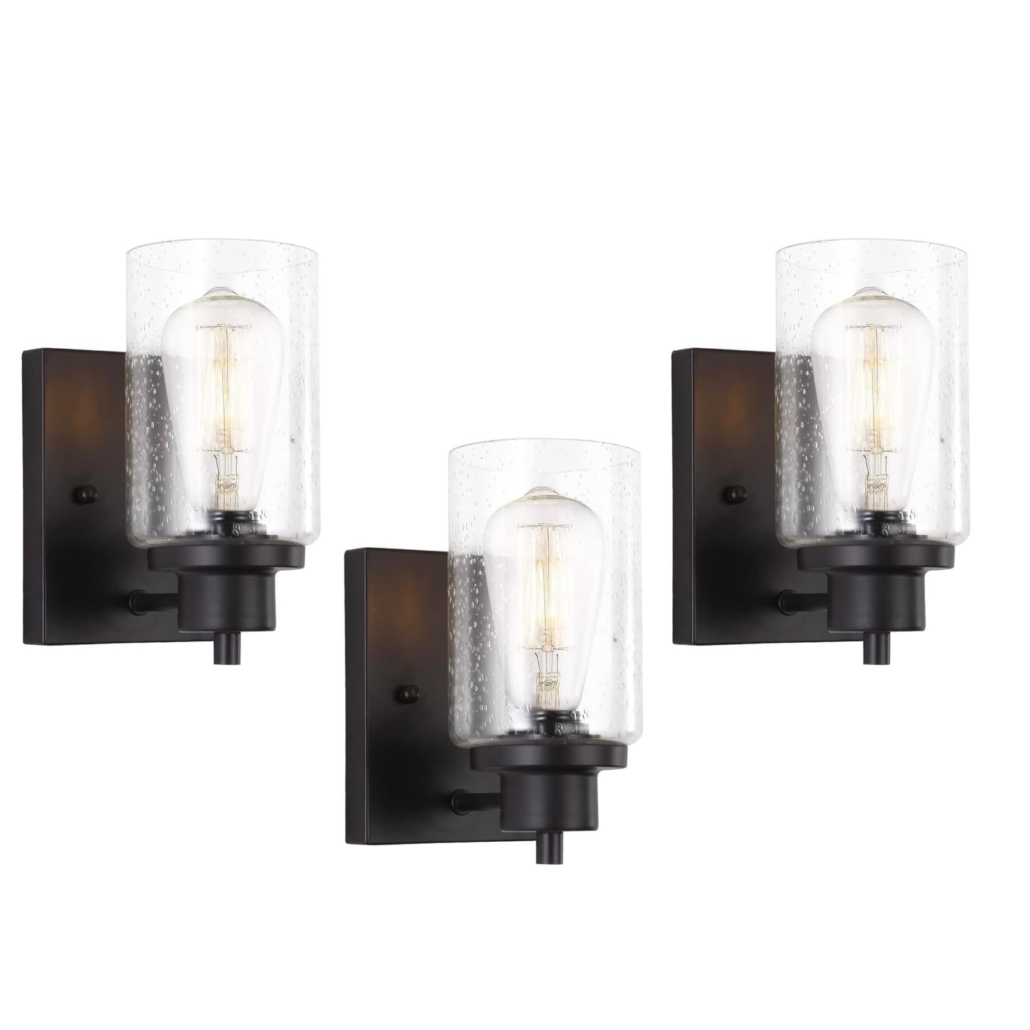 2-Pack Bath Vanity Light Fixtures Wall Sconces, Modern Indoor Bathroom Wall Lights with Seeded Glass, Black Wall Light Fixtures for Bedroom Mirror Kitchen Living Room Entryway Patio