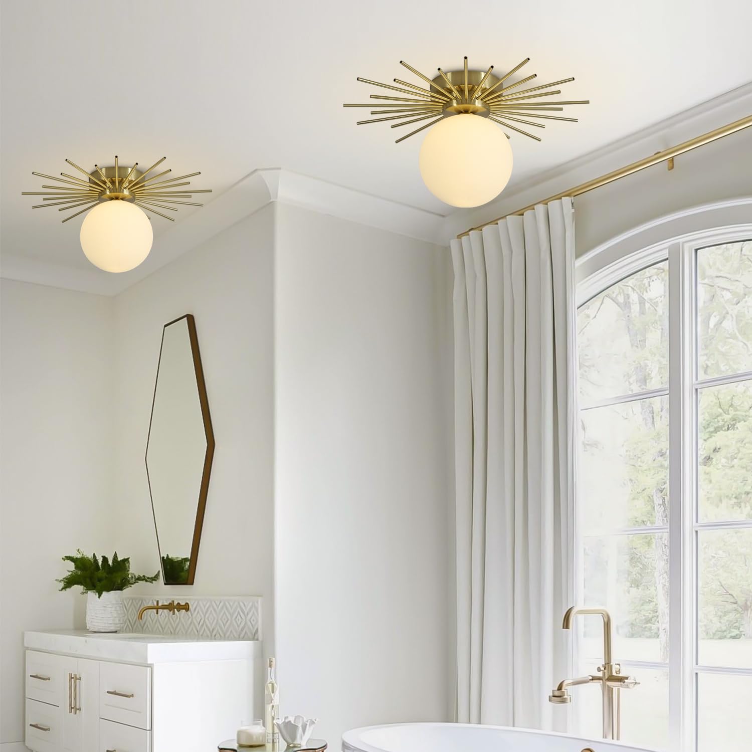 Modern Gold Semi Flush Mount Ceiling Light Mid Century White Glass Globe Ceiling Light Industrial Close to Ceiling Light Vintage Golden Ceiling Lamps Brushed Brass Hallway Light Fixtures