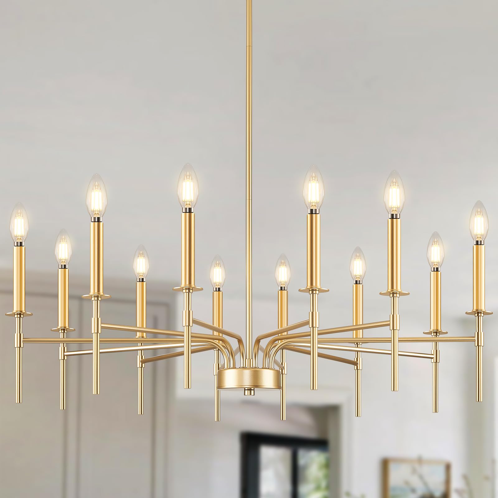 12-Light Gold Chandelier Light Fixture, Modern Farmhouse Chandelier Dining Room Light Fixture Over Table, Metal Candle Chandeliers for High Ceiling Staircase Living Room Foyer Entryway Bedroom