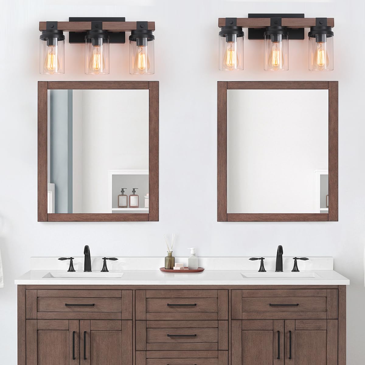 2-Light Farmhouse Vanity Lights for Bathroom, Rustic Bathroom Light Fixtures with Pretty Glass Shade, Black Industrial Wood Grain Wall Sconce for Bathroom Hallway Bedroom