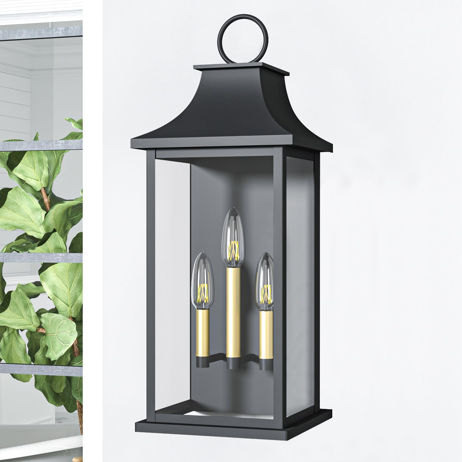 Outdoor Wall Lantern 2-Light, 21" Large Outside Wall Sconce, Modern Black Wall Light Fixture with Glass, Waterproof Exterior Lamp for House, Porch, Garage