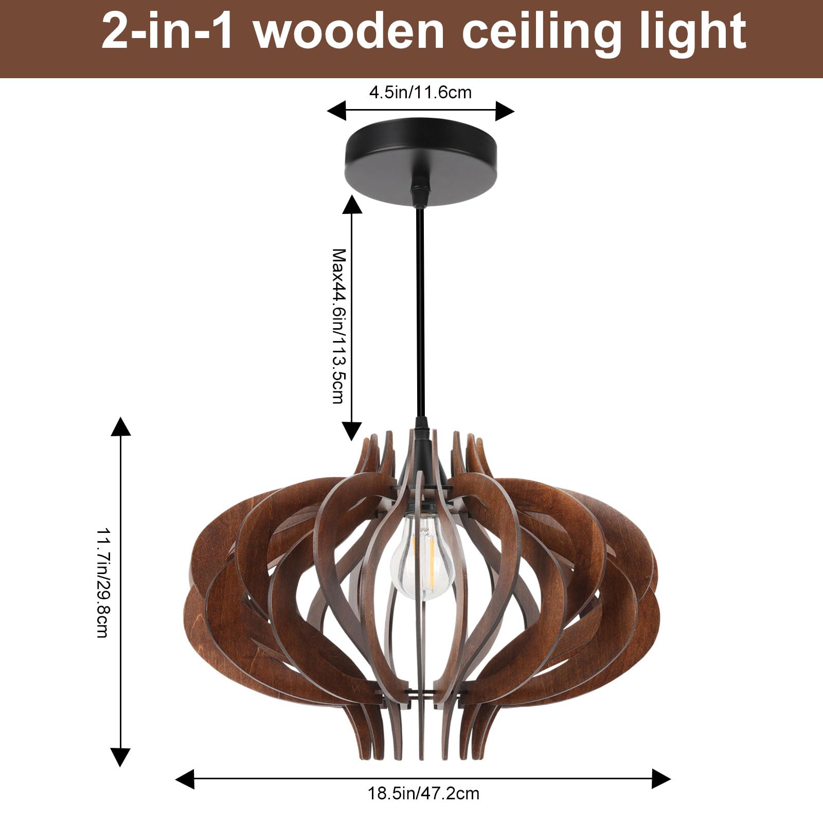 Farmhouse Pendant Light Wood Hanging Light Ceiling Chandelier, Modern Boho Hanging Lamp Lighting Fixture for Kitchen Dining Room Bedroom Living Room (17.2 inch)