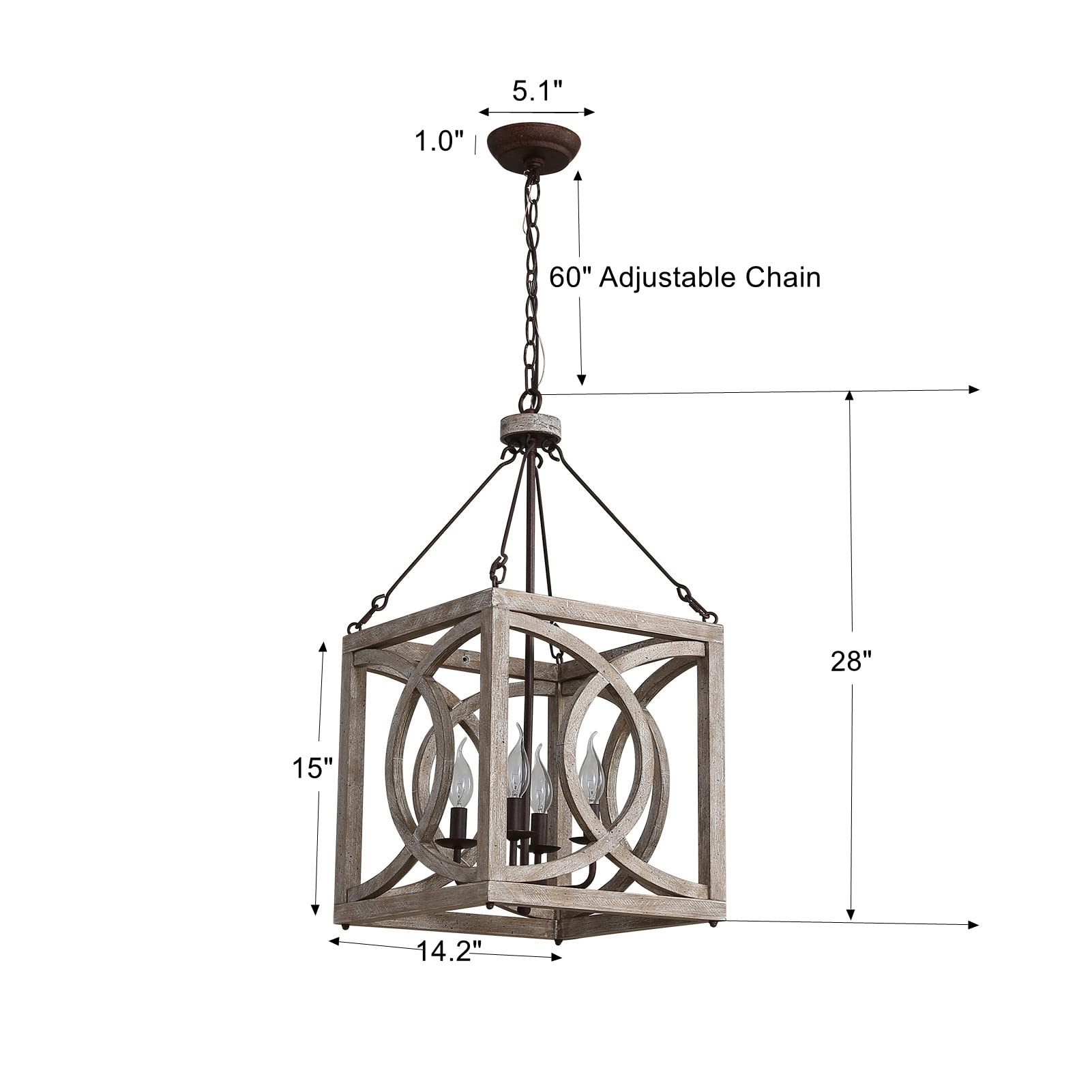 4-Light Farmhouse Wood Chandelier Lights Fixture for Dining Room, Rustic Vintage Antique Wooden Chandeliers Square Hanging Ceiling Pendant Lighting Fixtures for Kitchen Island, Entryway