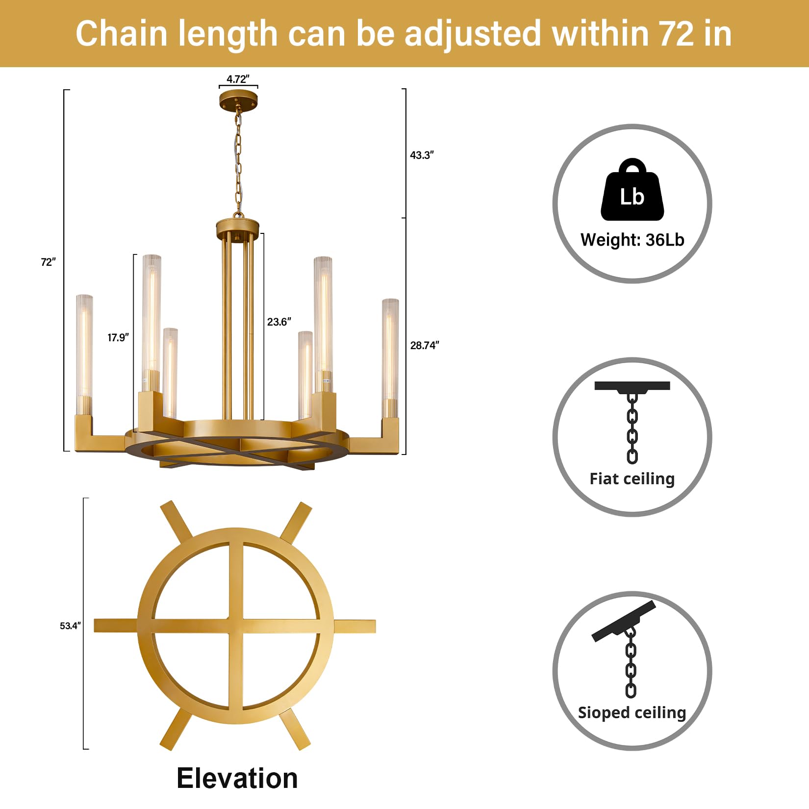 Farmhouse Chandelier with Glass Tube, Gold 6-Lights Wagon Wheel Chandeliers 53''Round Luxurious Large Chandelier Fixture Ceiling Pendant Lighting for Dining Living Room, Foyer