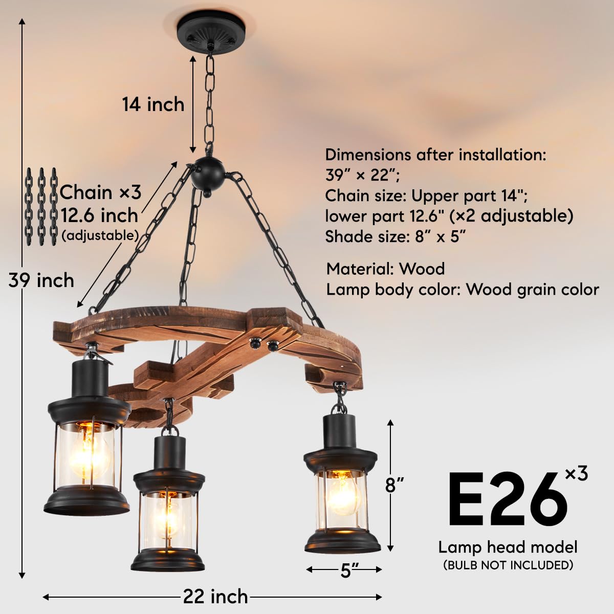 8 Lights Industrial Retro Wooden Chandelier Pendant Light Island Hanging Ceiling Fixture Vintage Farmhouse Wood Light Adjustable Chain for Home Cafe Bar Restaurant (39.4")