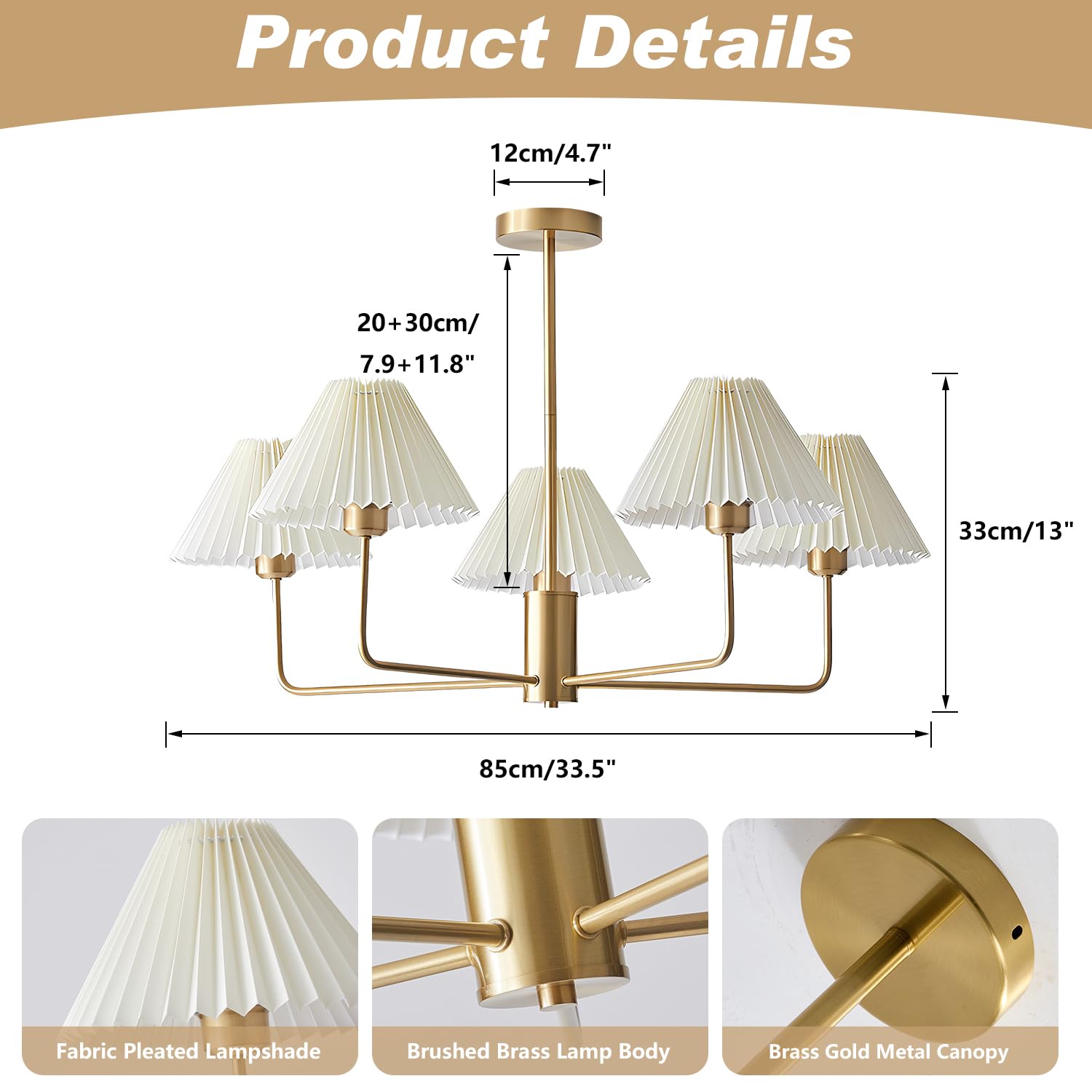 Lighting 3-Lights Pleated Chandelier White Fabric Pendant Light Fixtures Mid Century Modern Gold Sputnik Chandelier Vintage Classic Chandeliers for Dining Room Bedroom