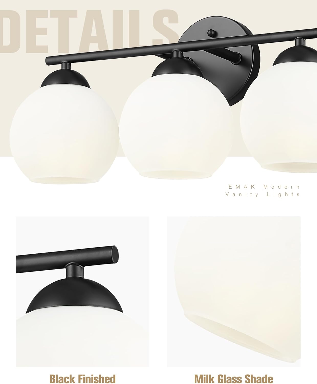 Black Vanity Lights for Mirror, Modern Farmhouse 2-Light Bathroom Light Fixtures Globe Bathroom Vanity Light with Milk Glass Shade, VL114-BK-ML-2