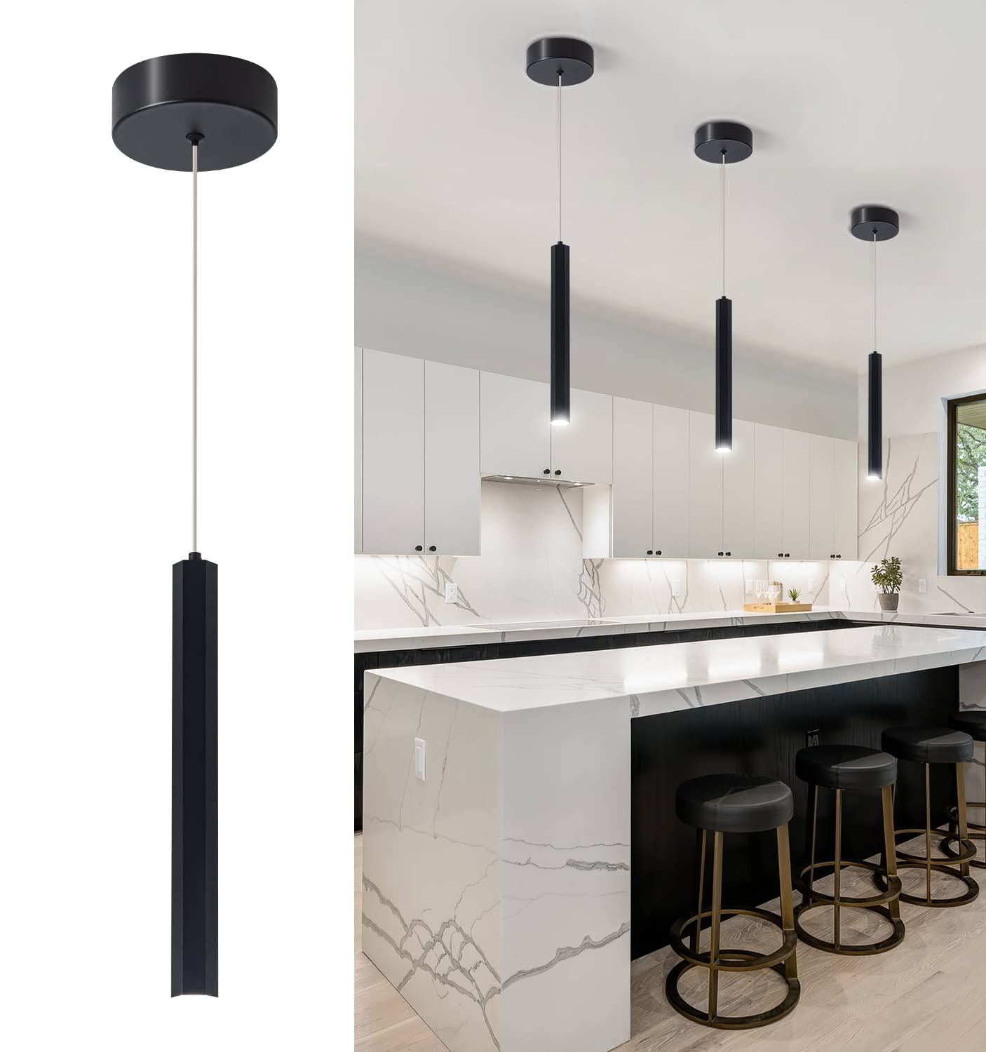 Modern Pendant Lighting 5-Light Linear Chandeliers Dimmable LED Pendant Lights Kitchen Island Lighting with Matte Black Finish and Acrylic Shades for Kitchen Island and Dining Room…