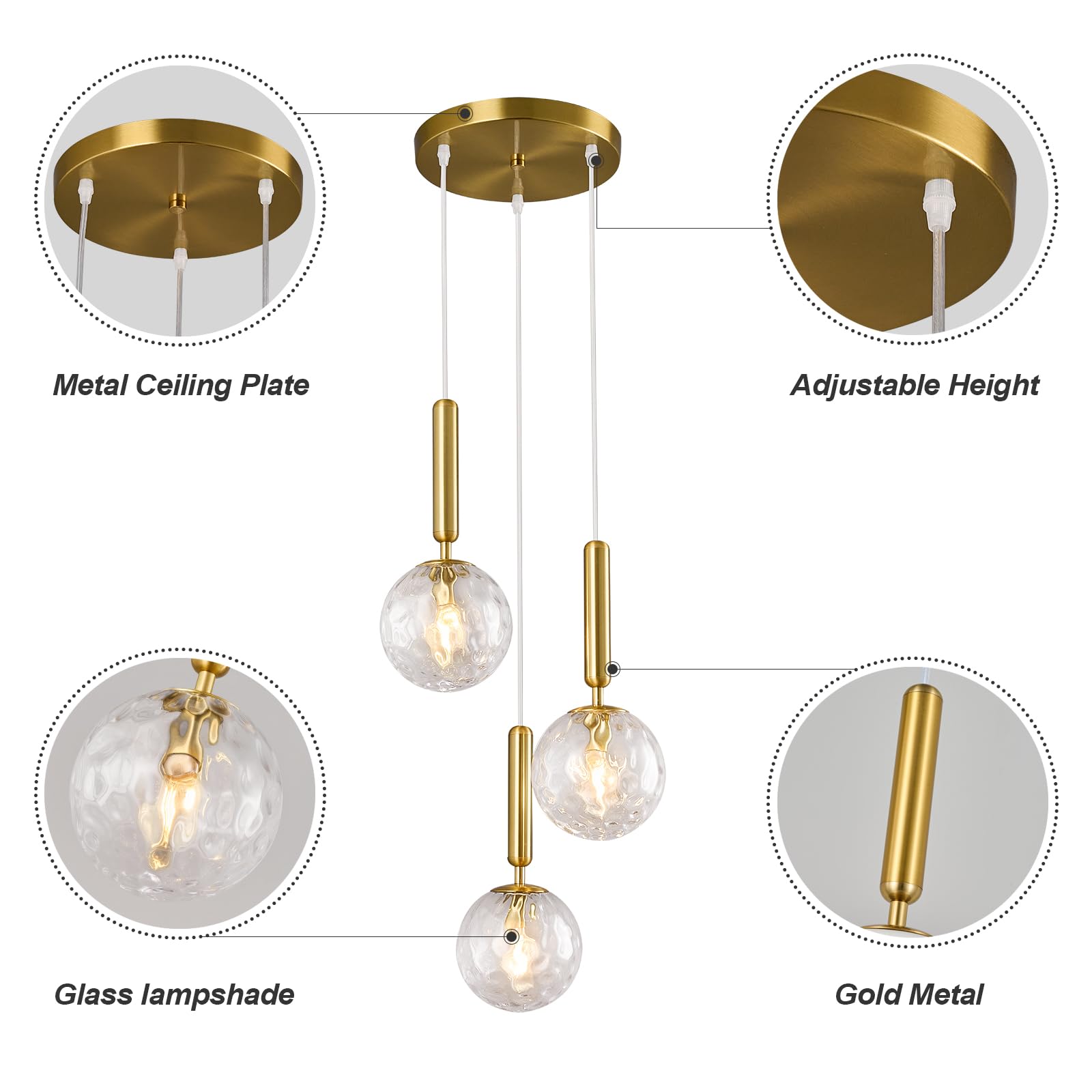 Mid Century Globe Pendant Light with Clear Glass for Kitchen Island Modern Gold Finish Hanging Light Fixture Retro Round Pendant Lighting for Living Room Bedroom Entryway(3-Light)