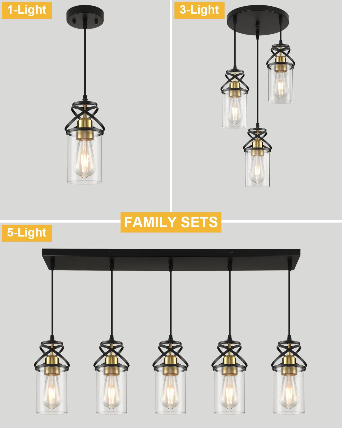 Modern Pendant Light Fixture Farmhouse Hanging Light with Clear Glass Shade, Industrial Black and Gold Pendant Lighting for Kitchen Island Dining Room Bedroom