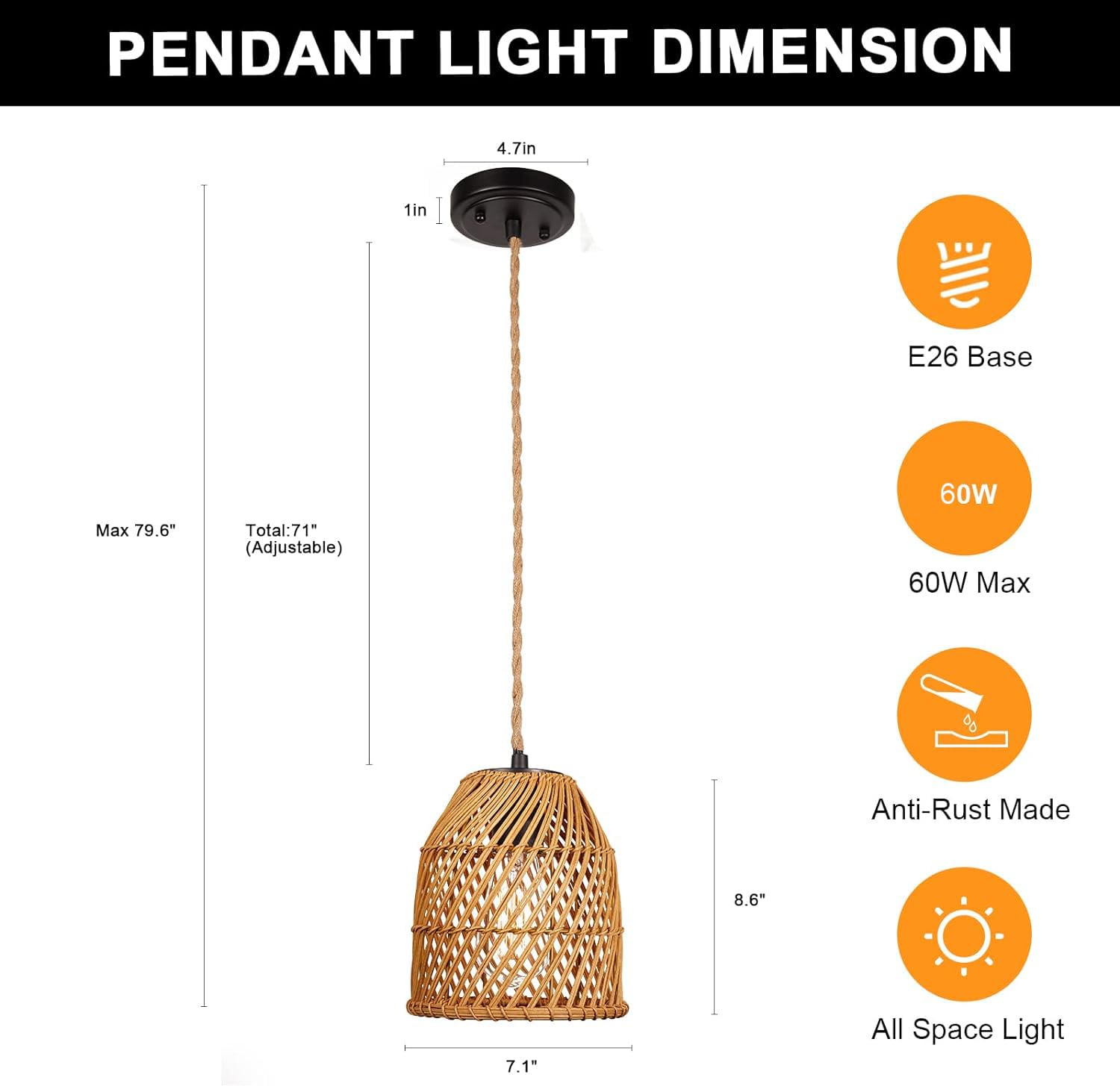 Rustic Farmhouse Bamboo Pendant Light - 18 Inch Large Dome Handwoven Ceiling Mounted Bamboo Chandelier Shades, Coastal Beach Hanging Rattan Light Fixture for Kitchen, Dining, Living Room