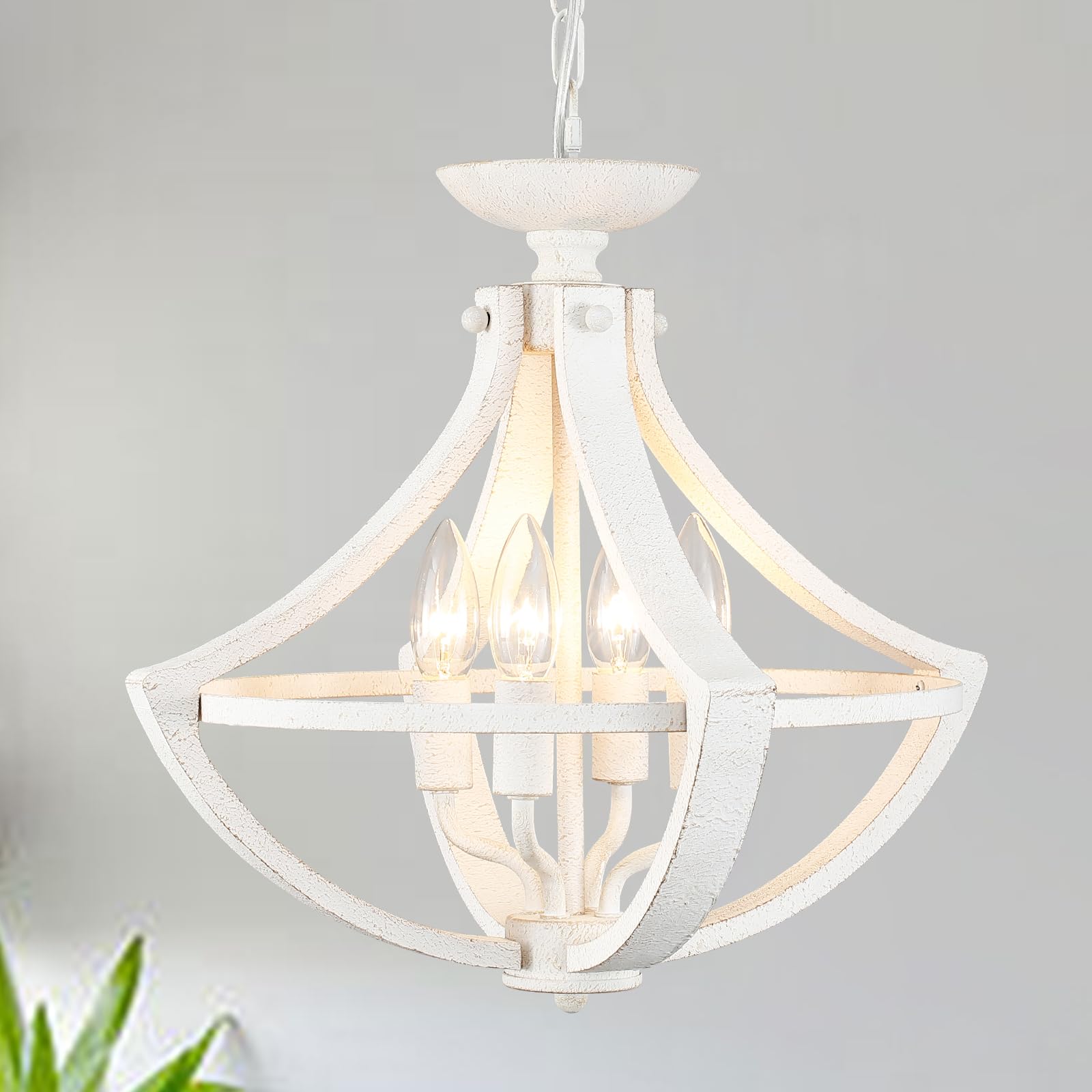 4-Lights French Country Chandelier Farmhouse Chandelier Handmade Semi Flush Mount Ceiling Light Fixture Wood Chandelier Pendant Light White Chandeliers for Entryway Foyer Hallway Kitchen Dining Room