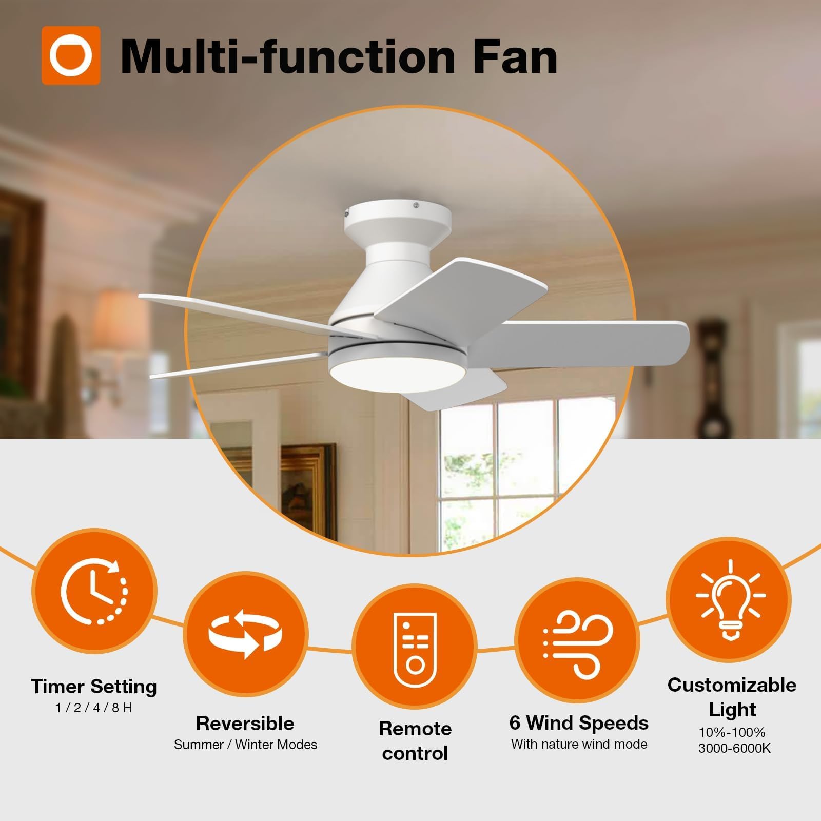 Ceiling Fans with Lights, 42 Inch Low Profile Ceiling Fan with Light and Remote Control, Flush Mount, Reversible, 3CCT, Dimmable, Quiet, Black Small Ceiling Fan for Bedroom Indoor/Outdoor Use