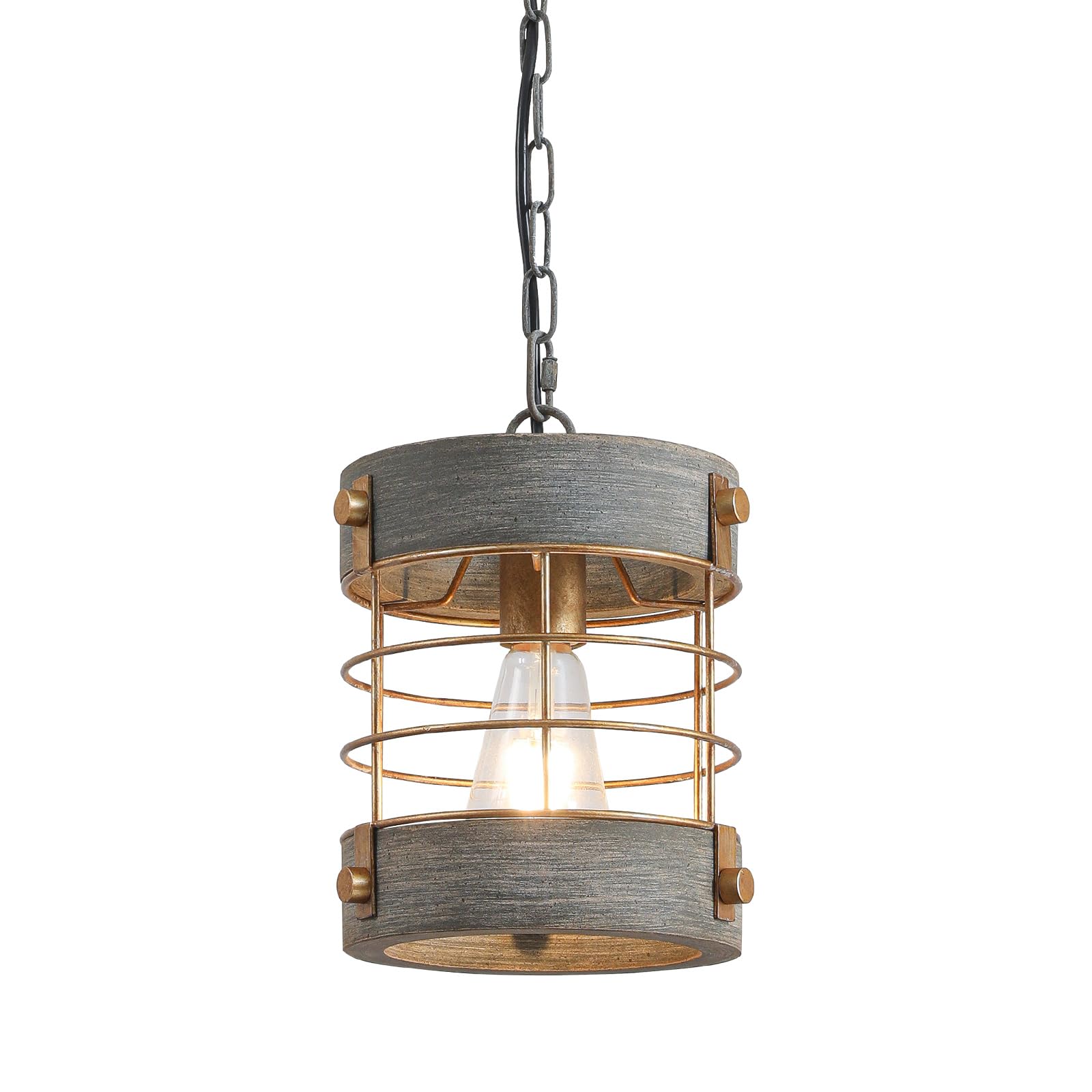 Retro Industrial Metal and Wood Chandelier 1-Light Round Cage Pendant Light Fixture for Kitchen Island Foyer Hallway Bar Dining Room Restaurant, D 7.9" x H 8.7" (White)