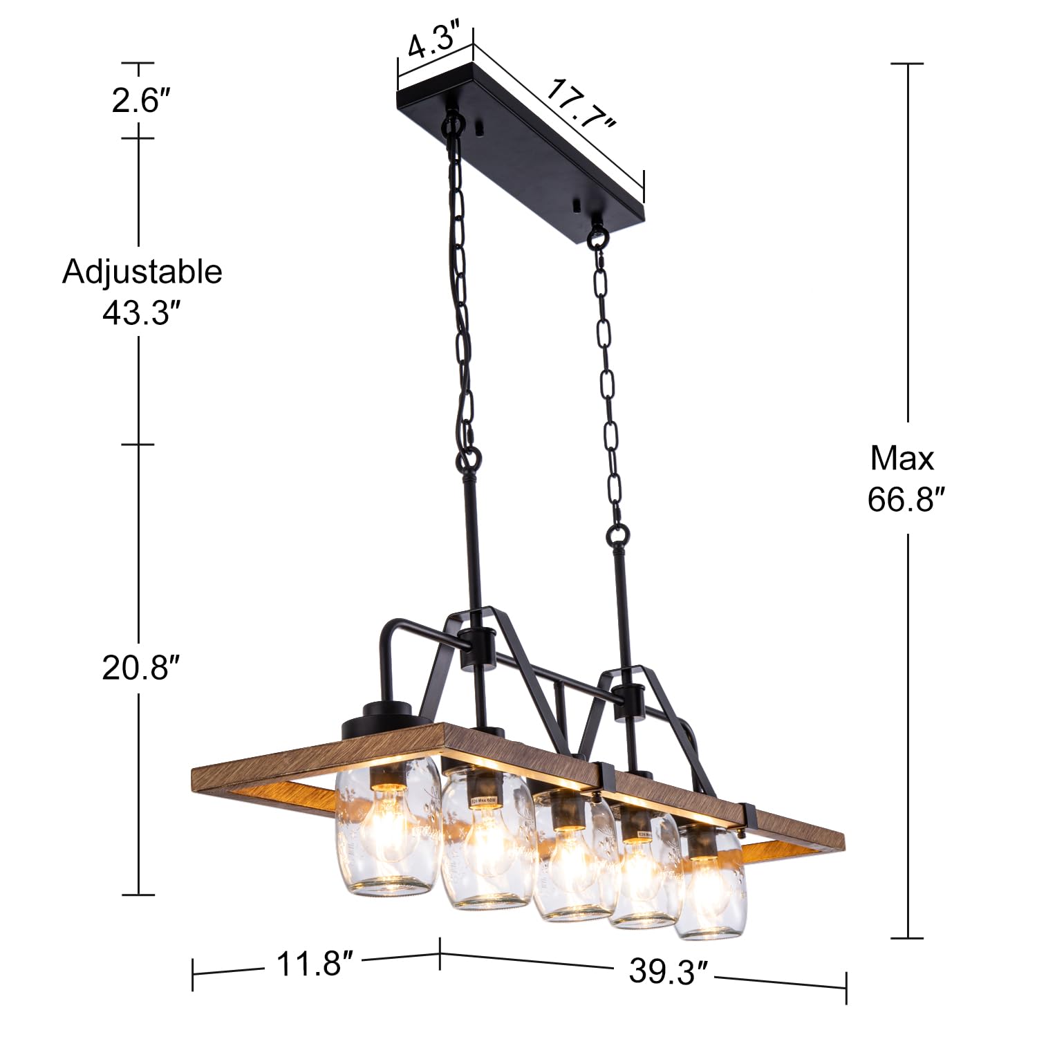 Kitchen Island Chandelier, Mason Jar Pendant Light Dining Room, 5-Light Wooden Paint Pendant Light for Living Room, Dining Table, Kitchen, Hallway, Restuarant, 39.3''W