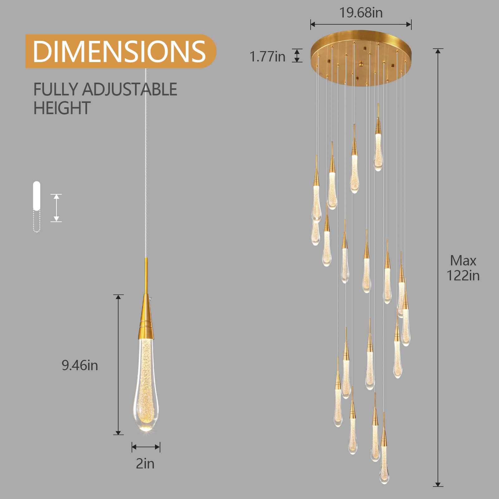 Kitchen Light Fixtures Ceiling Dimmable LED Modern Gold Pendant Light Mini Teardrop Crystal Pendant Light for Kitchen Island Bedroom Hallway Entryway (5-Light)